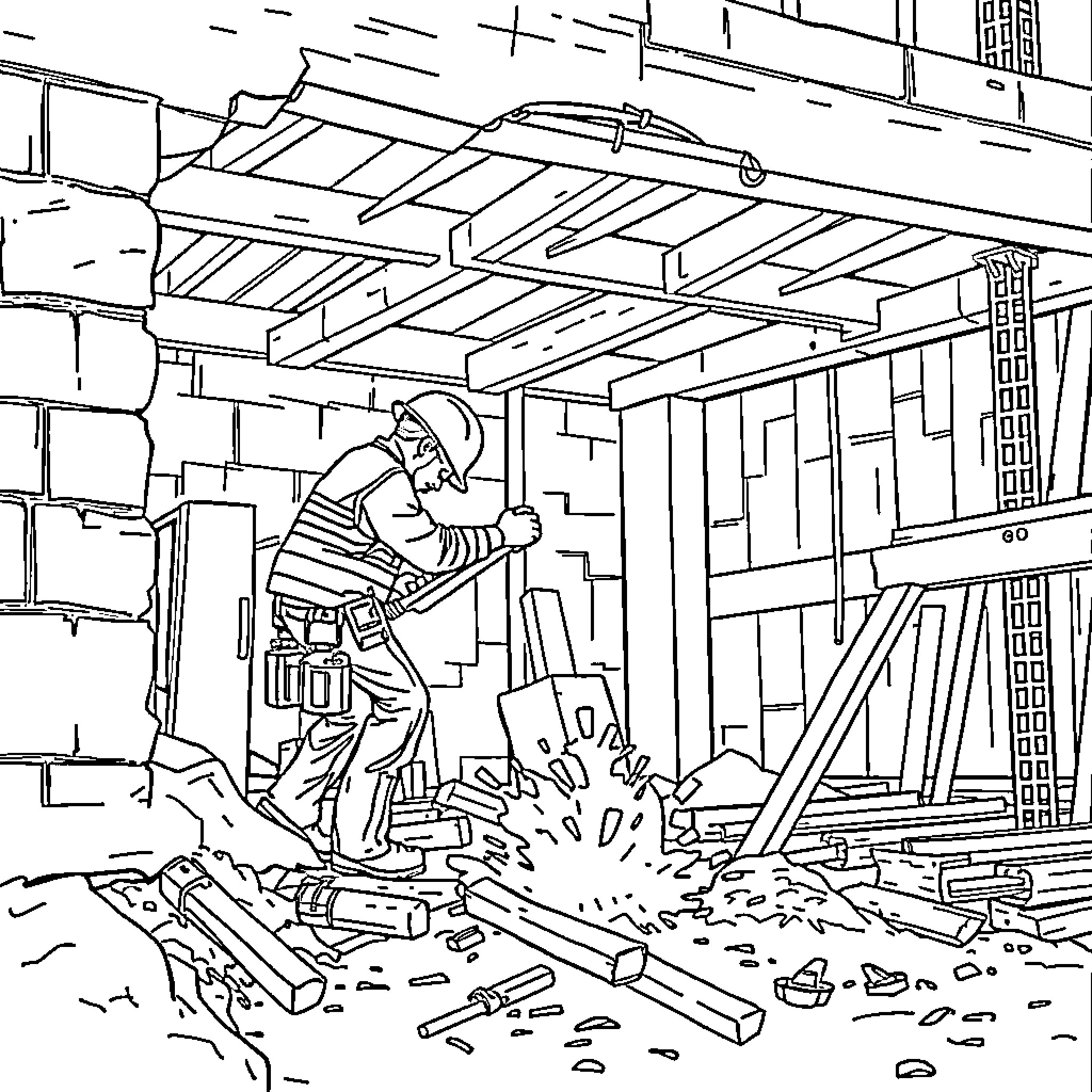 Construction Machinery Worker Demolishing Building Interior Coloring Page (free black-and-white line drawing printable PDF for all, from beginners to advanced learners, including children, teens, adults, and seniors)