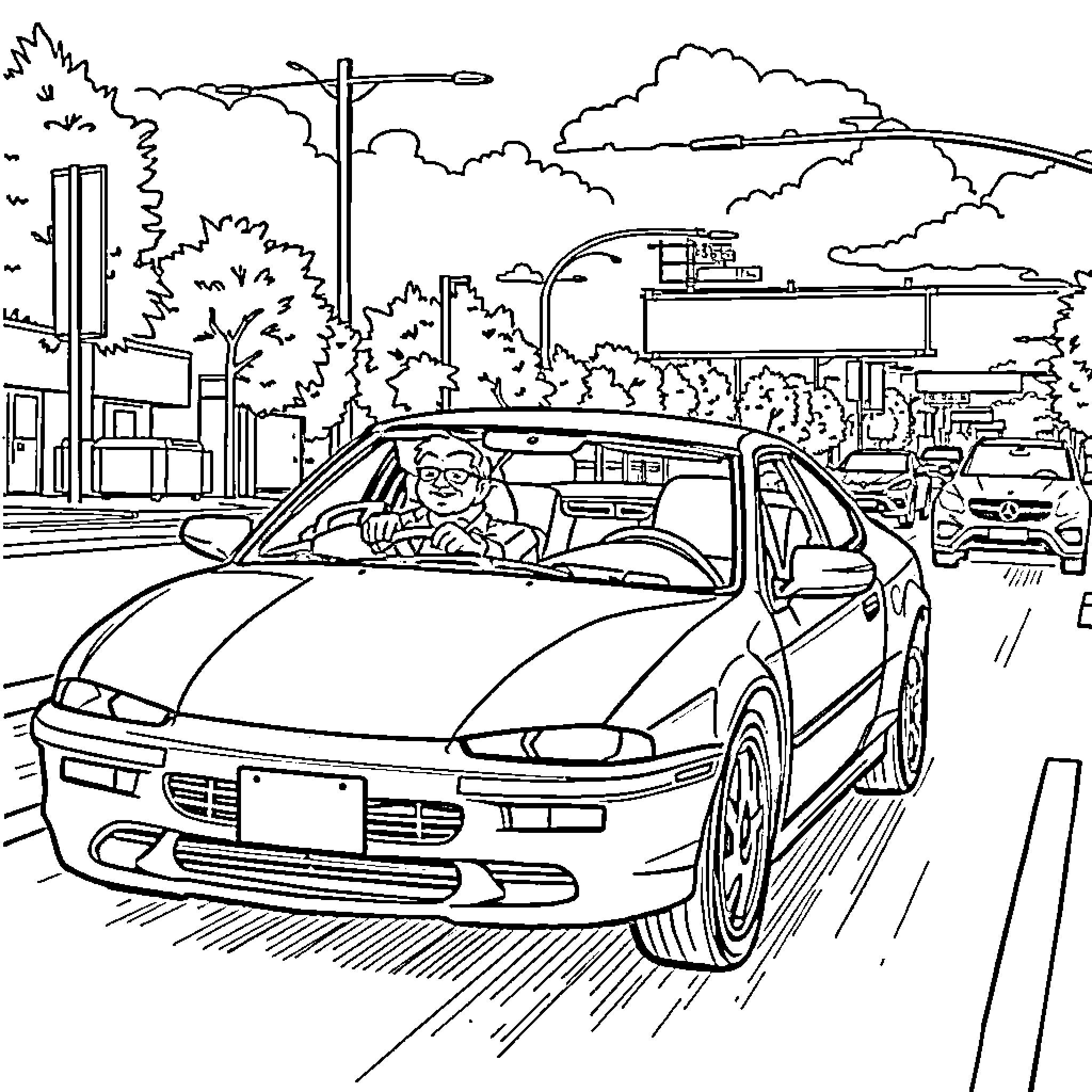 HUNTR/X Driving through the city landscape Coloring Page (free black-and-white line drawing printable PDF for all, from beginners to advanced learners, including children, teens, adults, and seniors)