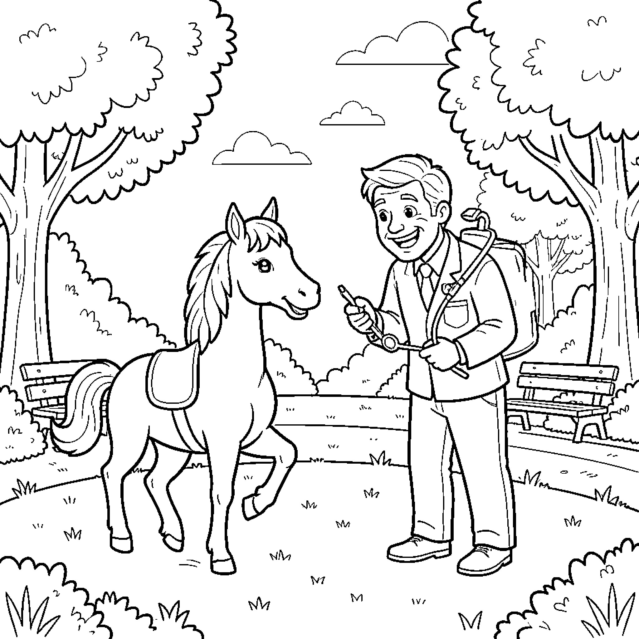 Hobby Horsing with a smiling man in a park Coloring Page (free black-and-white line drawing printable PDF for all, from beginners to advanced learners, including children, teens, adults, and seniors)