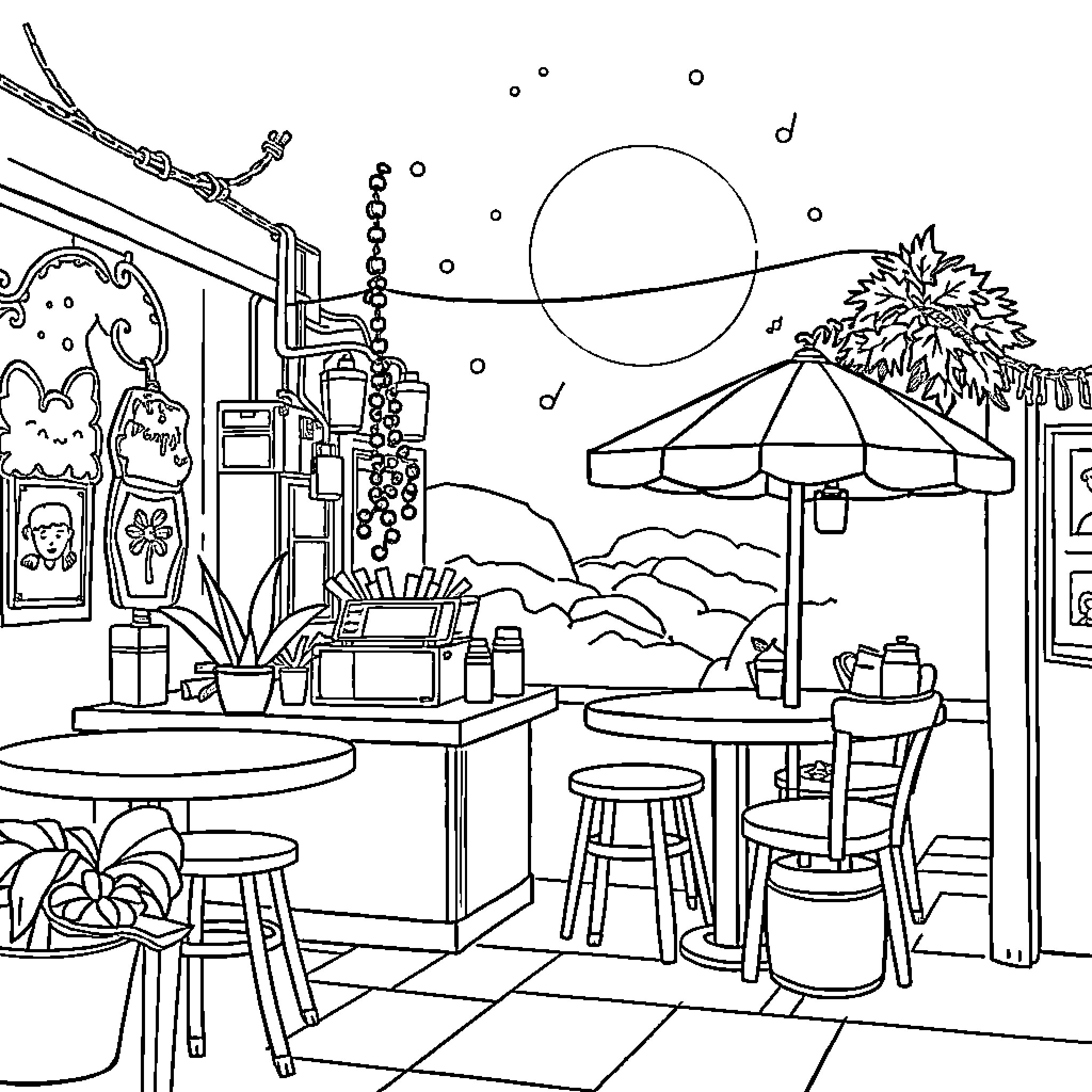 Superman enjoying a peaceful outdoor cafe Coloring Page (free black-and-white line drawing printable PDF for all, from beginners to advanced learners, including children, teens, adults, and seniors)
