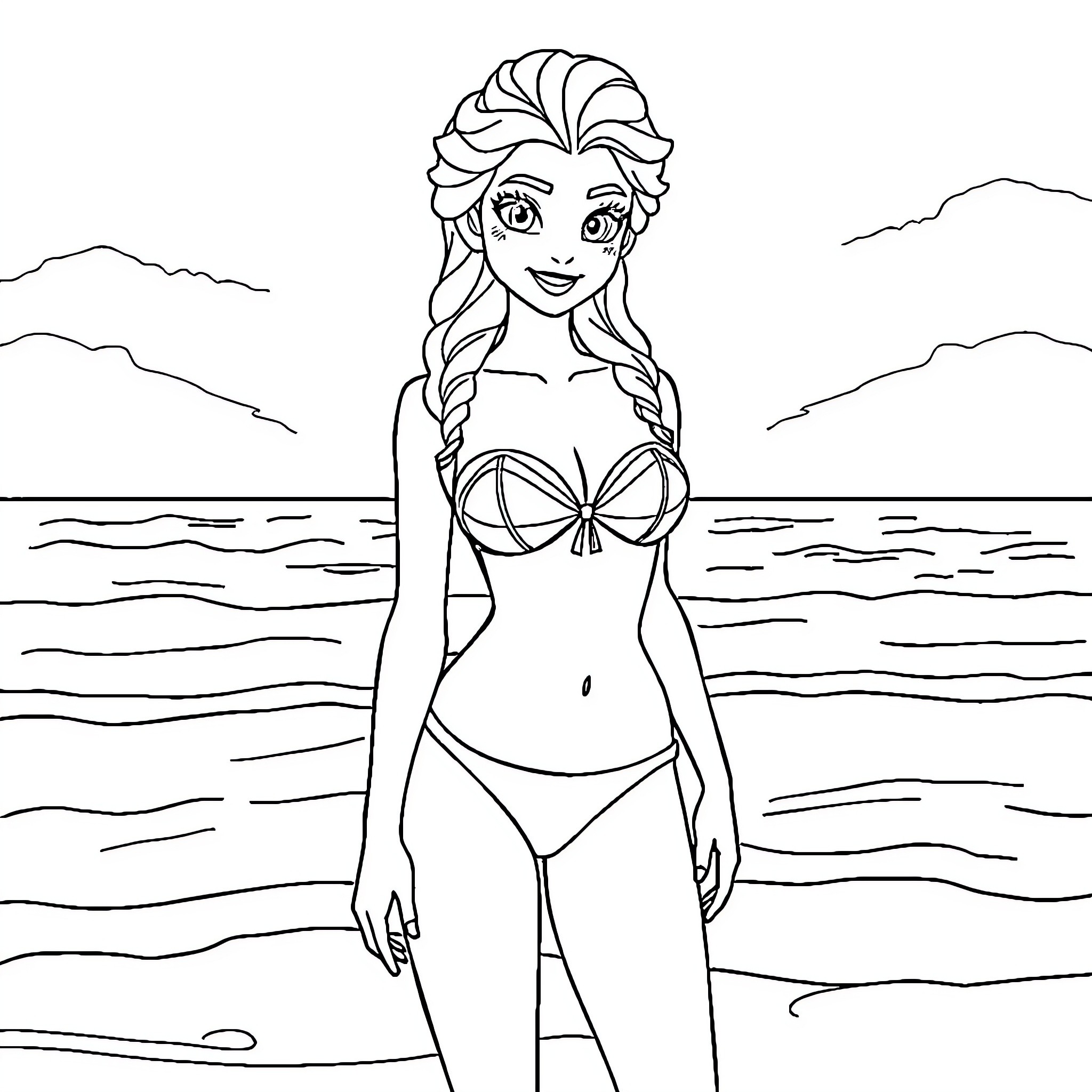 Elsa enjoying a day at the beach Coloring Page (free black-and-white line drawing printable PDF for all, from beginners to advanced learners, including children, teens, adults, and seniors)