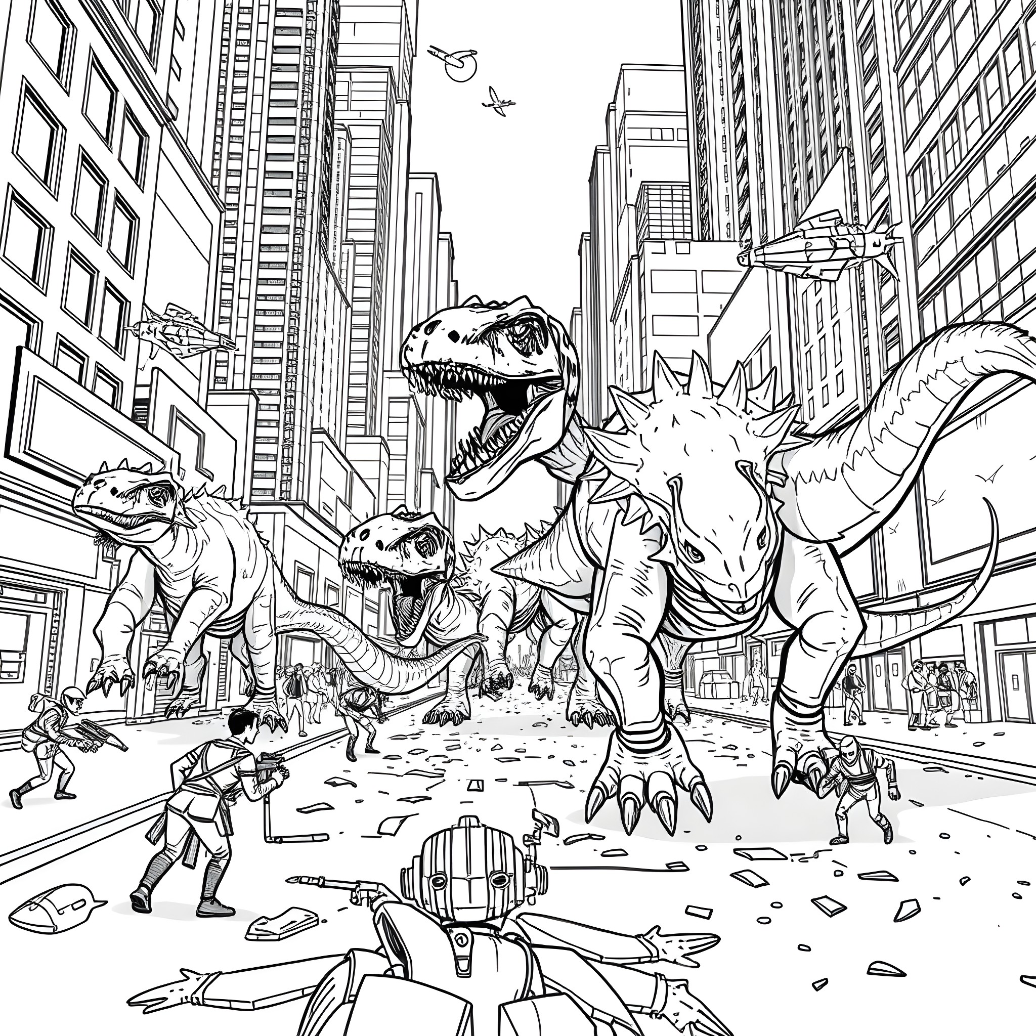 Alien Dinosaurs Rampaging in the City Coloring Page (free black-and-white line drawing printable PDF for all, from beginners to advanced learners, including children, teens, adults, and seniors)
