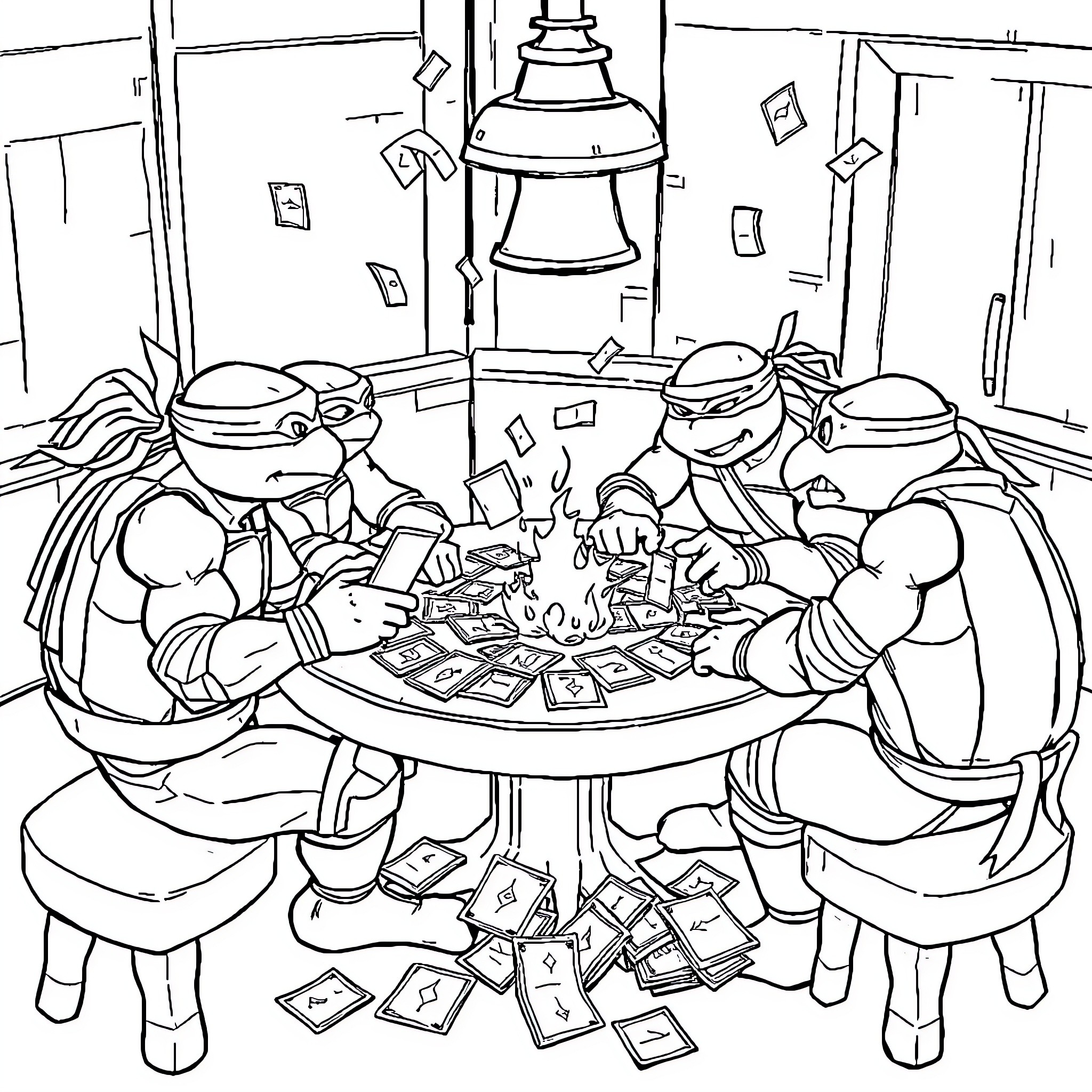 Ninja Turtles playing cards and having fun Coloring Page (free black-and-white line drawing printable PDF for all, from beginners to advanced learners, including children, teens, adults, and seniors)