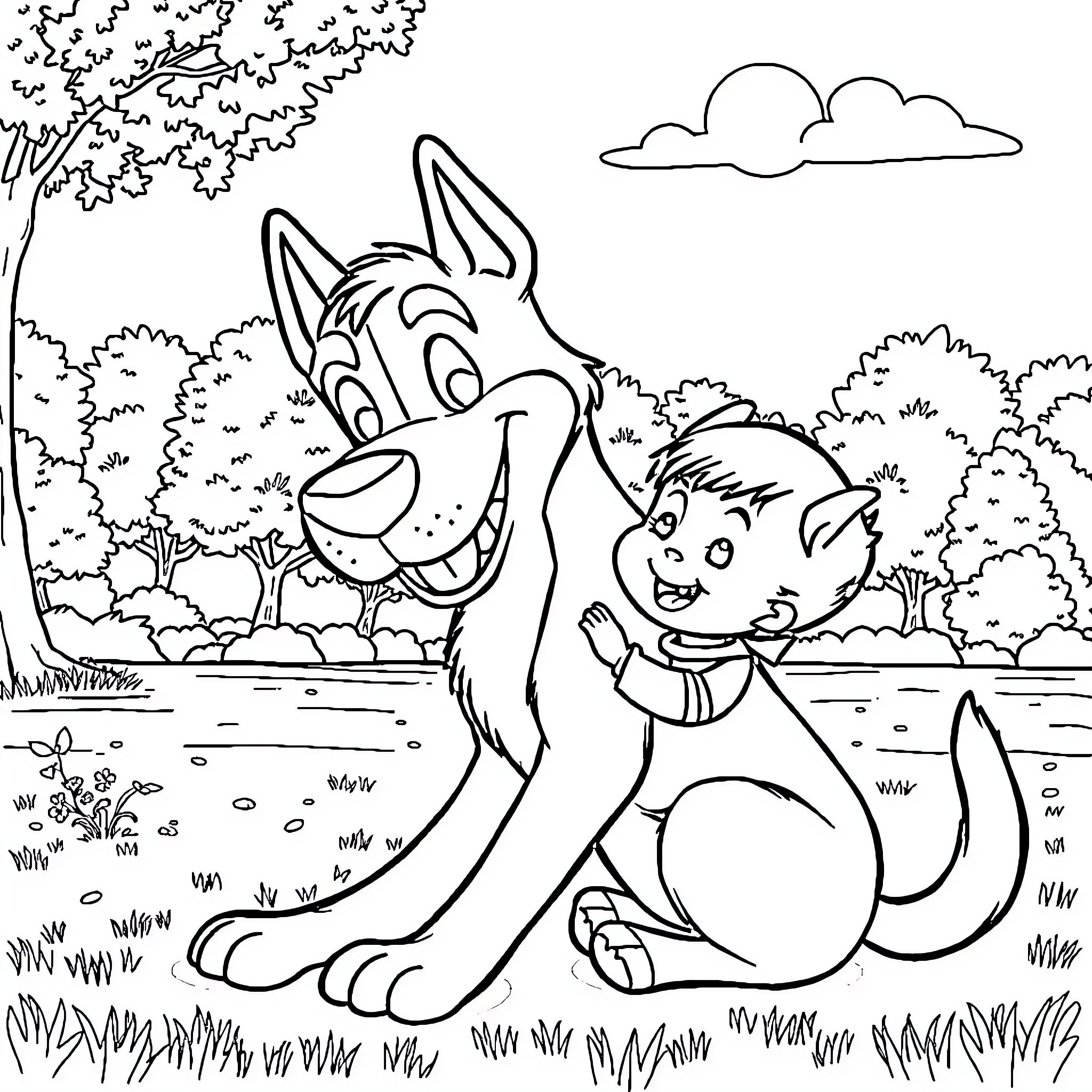 Dexter and his Furry Companion Explore the Outdoors Coloring Page (free black-and-white line drawing printable PDF for all, from beginners to advanced learners, including children, teens, adults, and seniors)