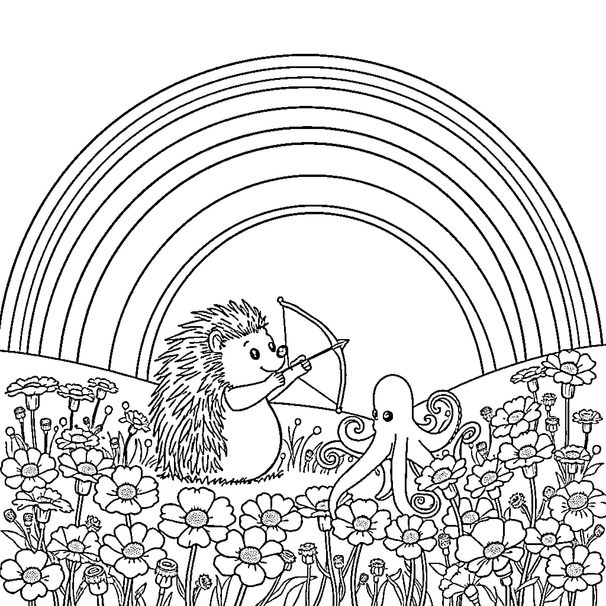 Hedgehog and friends enjoying the garden under a rainbow Coloring Page (free black-and-white line drawing printable PDF for all, from beginners to advanced learners, including children, teens, adults, and seniors)