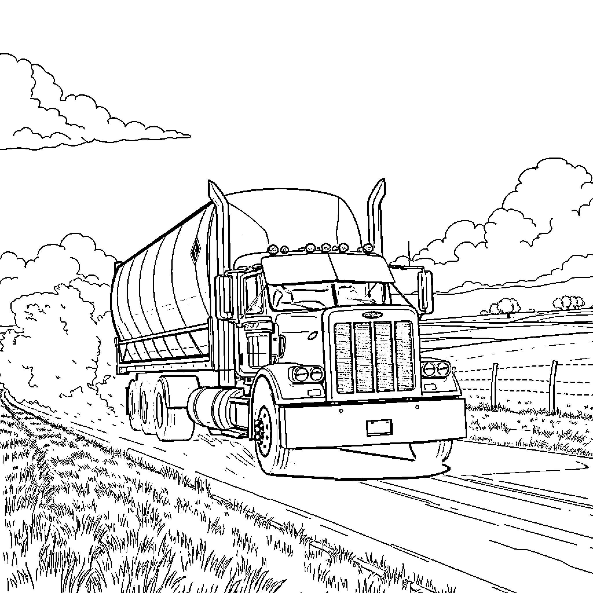 Peterbilt semi-truck hauling cargo on the open road Coloring Page (free black-and-white line drawing printable PDF for all, from beginners to advanced learners, including children, teens, adults, and seniors)