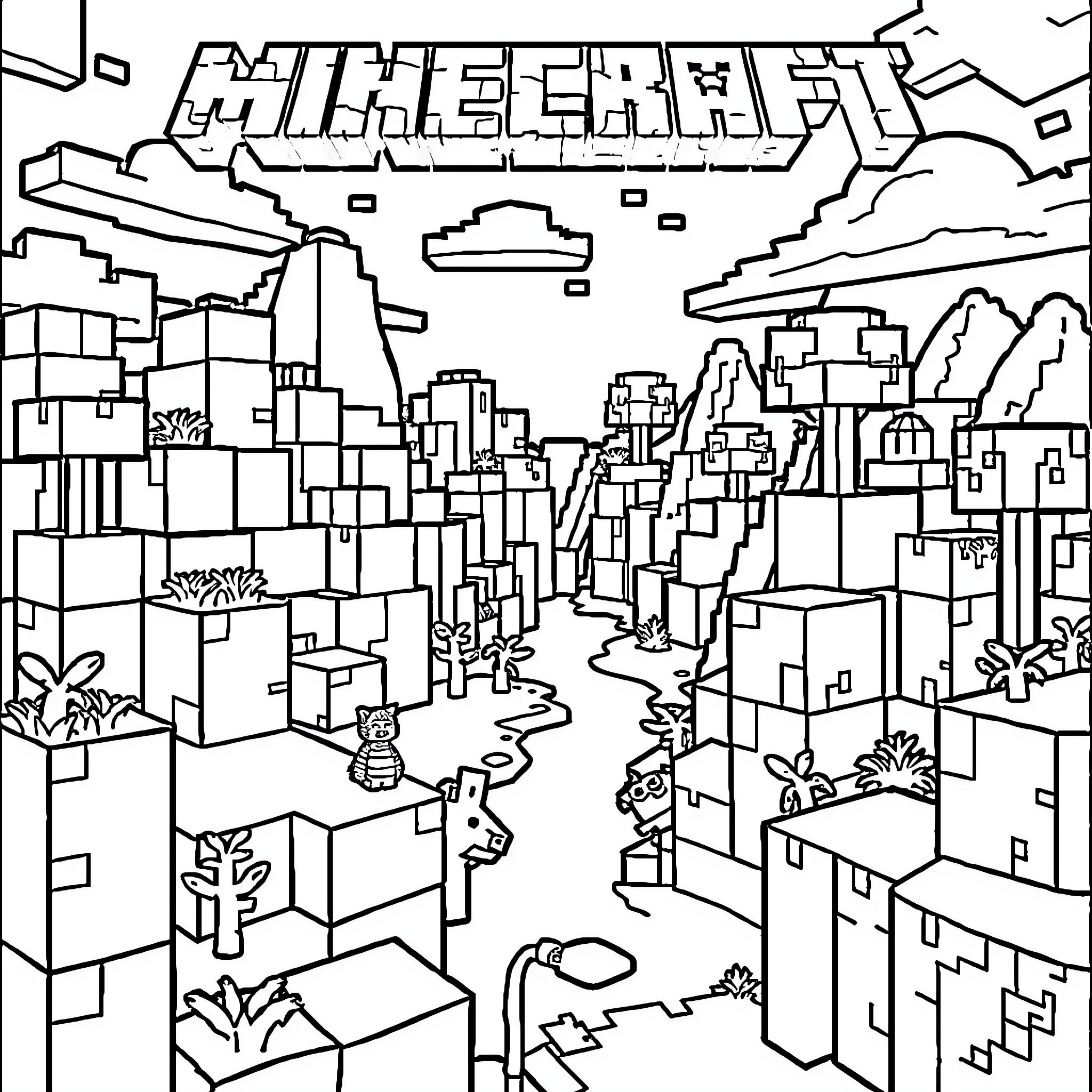 Minecraft - Blocky City with Diverse Structures Coloring Page (free black-and-white line drawing printable PDF for all, from beginners to advanced learners, including children, teens, adults, and seniors)