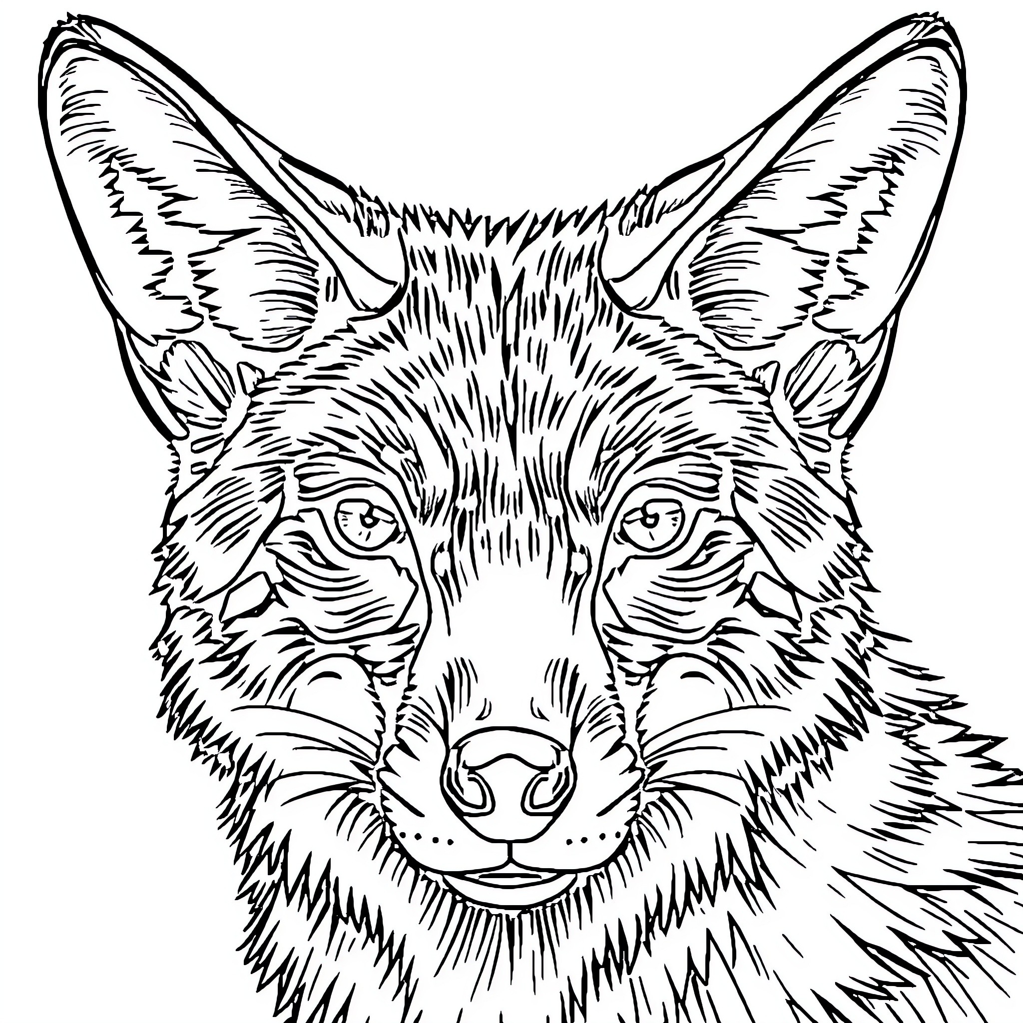 Coyote gazing intently with focused expression Coloring Page (free black-and-white line drawing printable PDF for all, from beginners to advanced learners, including children, teens, adults, and seniors)