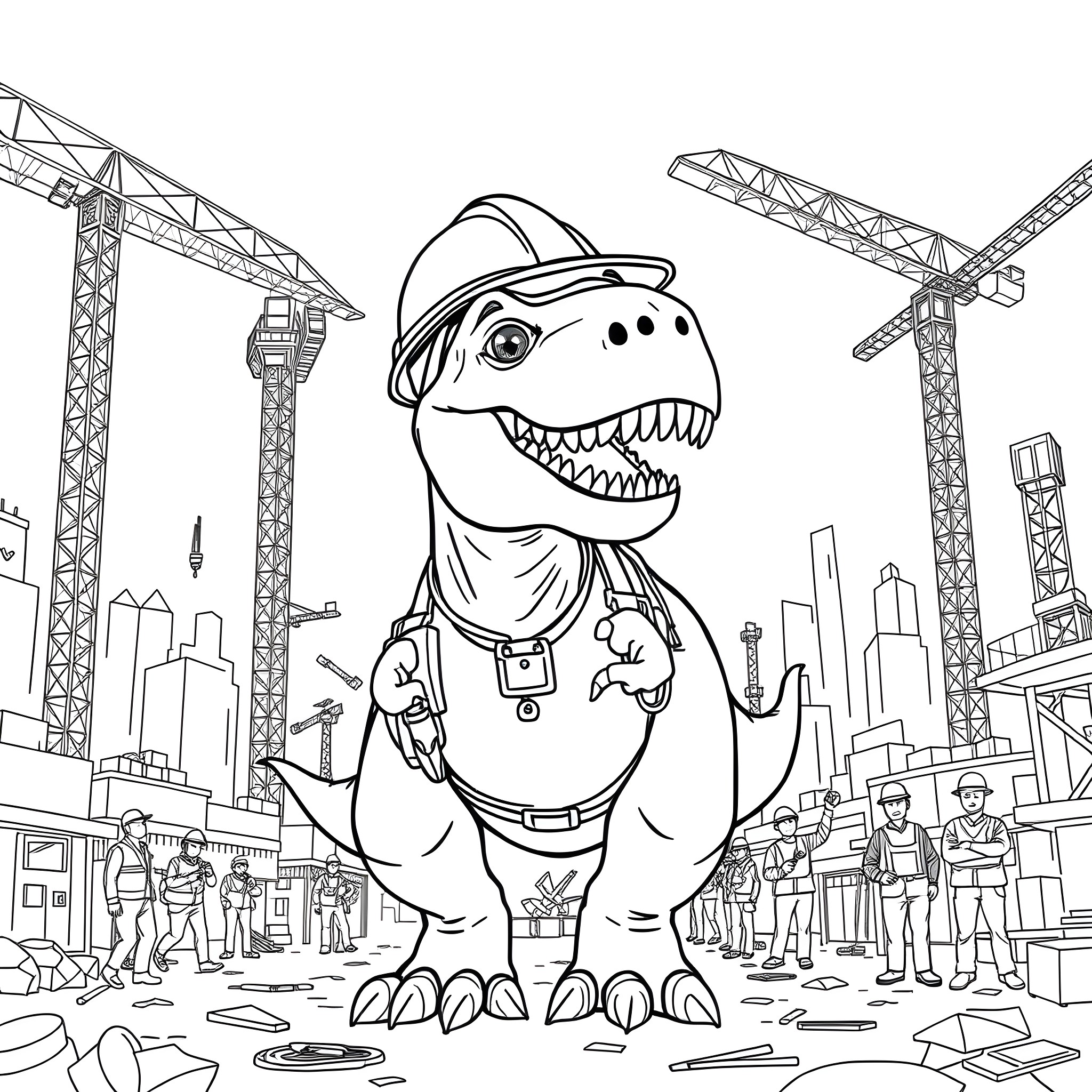 T-Rex Construction Worker Overseeing City Building Coloring Page (free black-and-white line drawing printable PDF for all, from beginners to advanced learners, including children, teens, adults, and seniors)