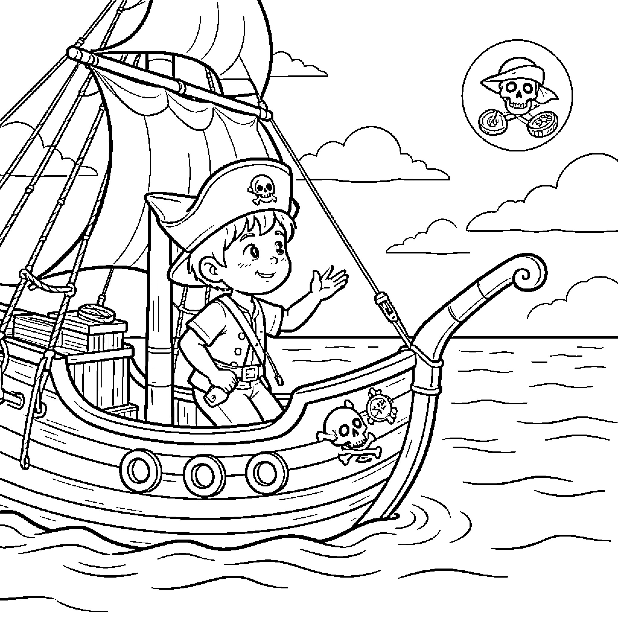 Niño dressed as a pirate sailing on a boat Coloring Page (free black-and-white line drawing printable PDF for all, from beginners to advanced learners, including children, teens, adults, and seniors)