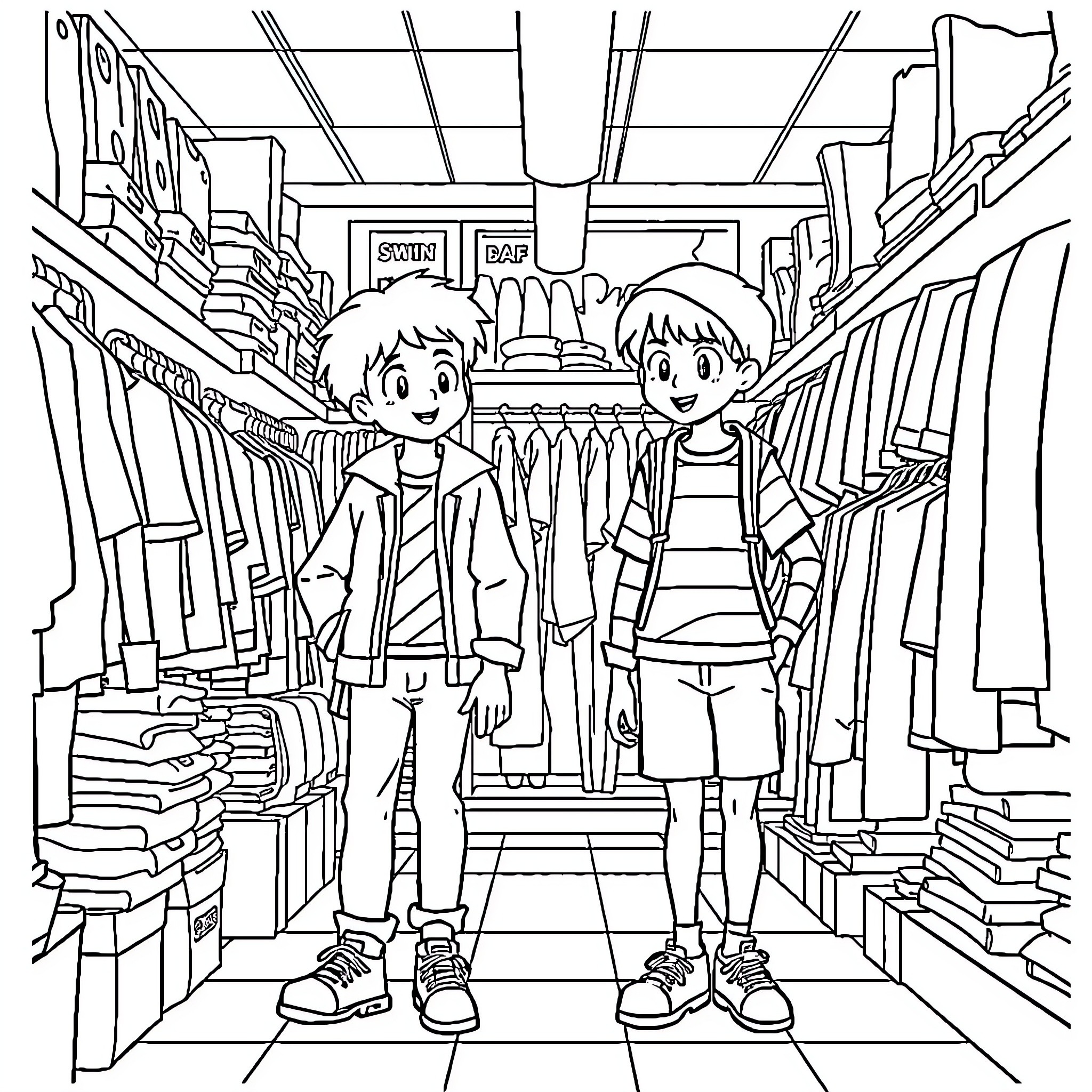 Max and Friend Explore the Bookstore Coloring Page (free black-and-white line drawing printable PDF for all, from beginners to advanced learners, including children, teens, adults, and seniors)