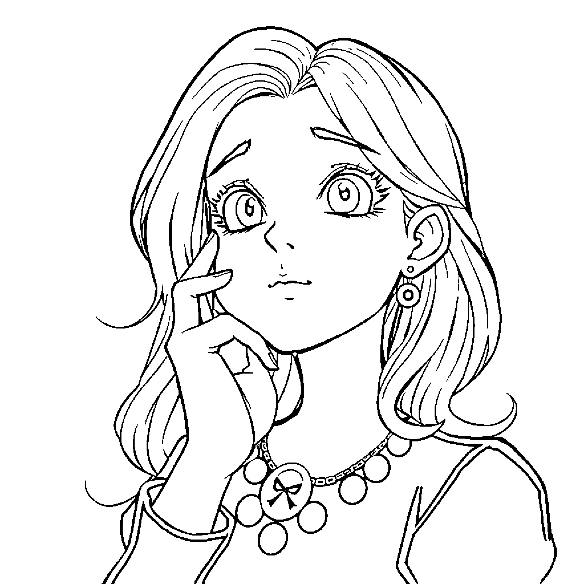 Licy's pensive portrait Coloring Page (free black-and-white line drawing printable PDF for all, from beginners to advanced learners, including children, teens, adults, and seniors)