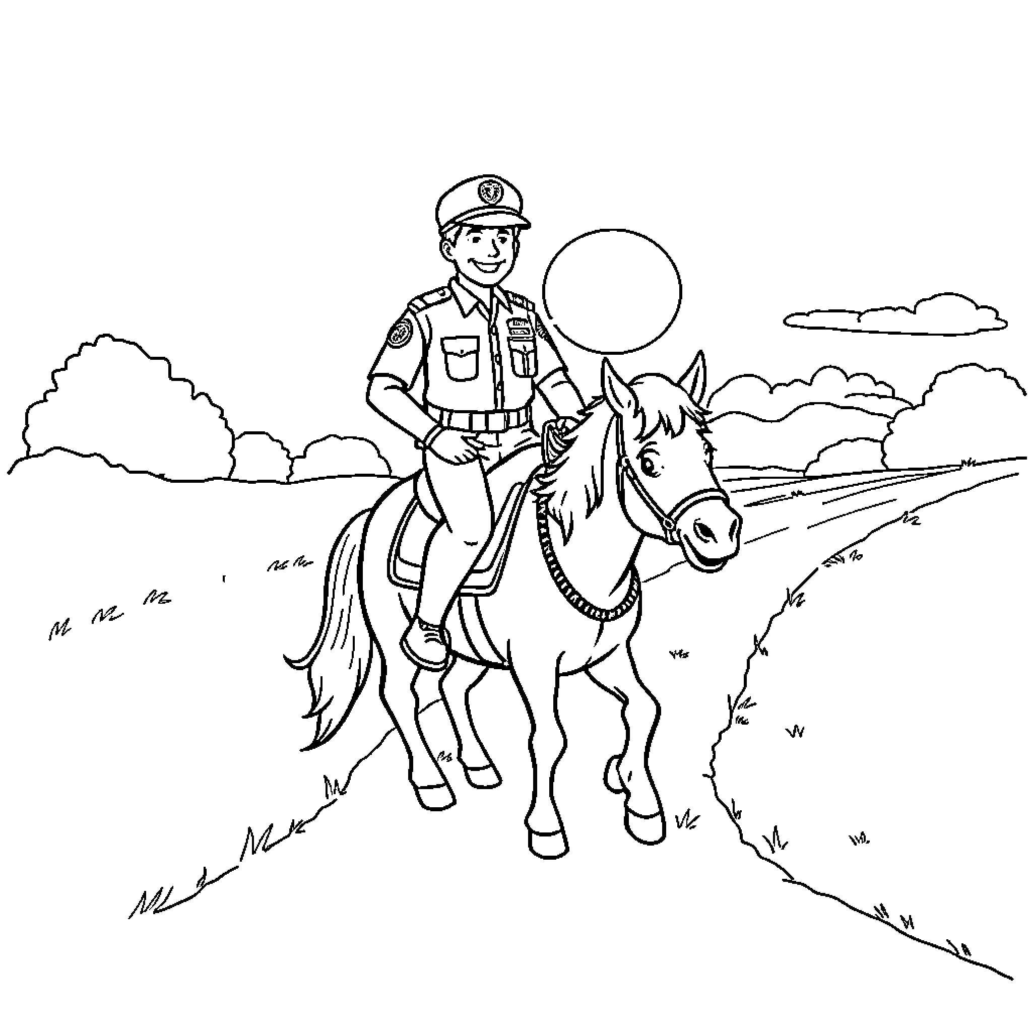 Police Officer Patrolling on Horseback in Nature Coloring Page (free black-and-white line drawing printable PDF for all, from beginners to advanced learners, including children, teens, adults, and seniors)