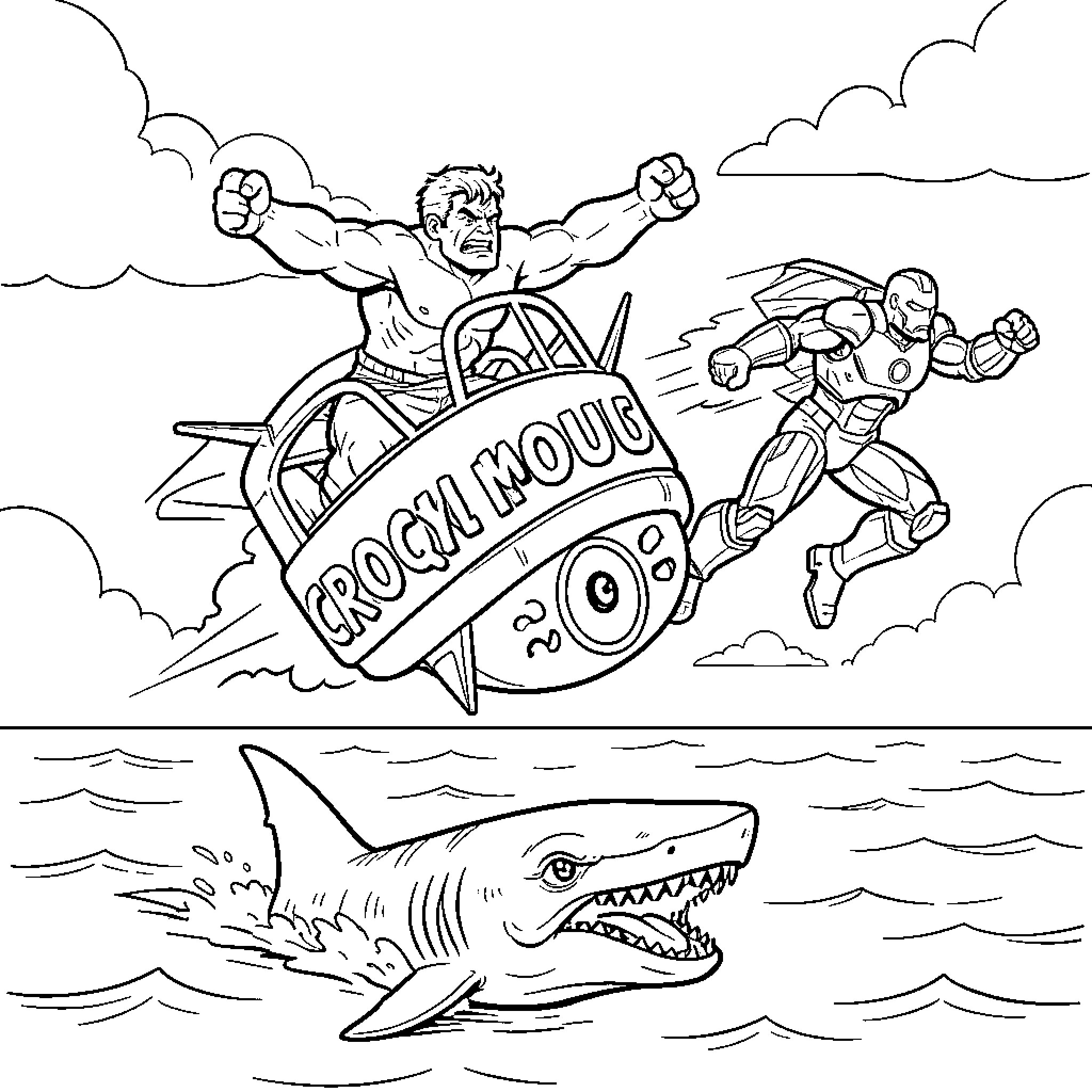 Croque Mou fighting a hero near a shark Coloring Page (free black-and-white line drawing printable PDF for all, from beginners to advanced learners, including children, teens, adults, and seniors)