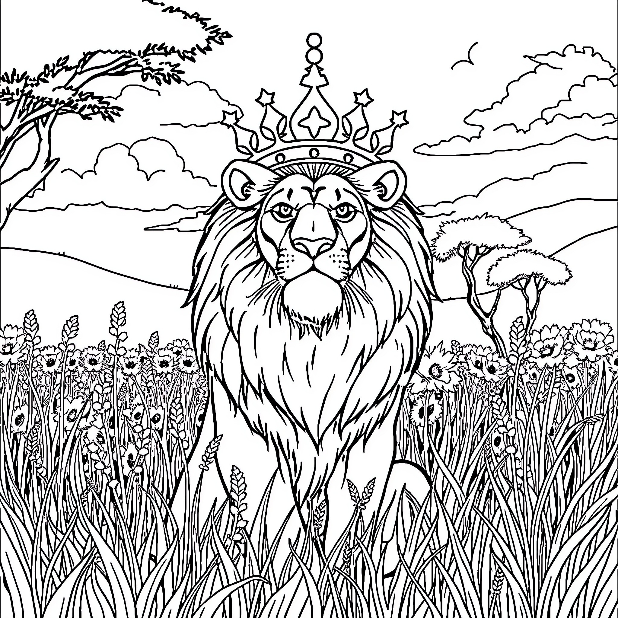 Lion King in the Serene Safari Landscape Coloring Page (free black-and-white line drawing printable PDF for all, from beginners to advanced learners, including children, teens, adults, and seniors)