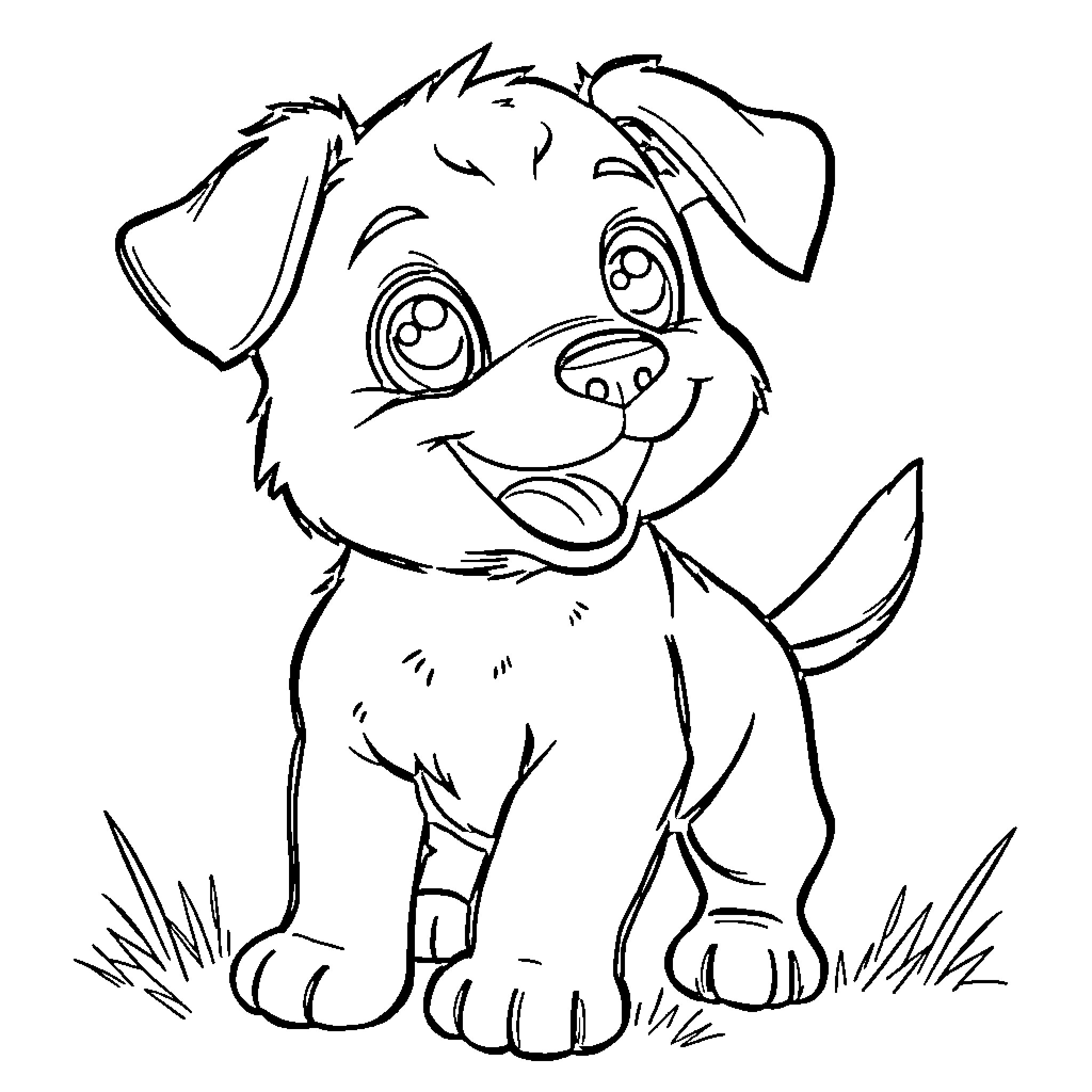 Bubu the Friendly Puppy Coloring Page (free black-and-white line drawing printable PDF for all, from beginners to advanced learners, including children, teens, adults, and seniors)