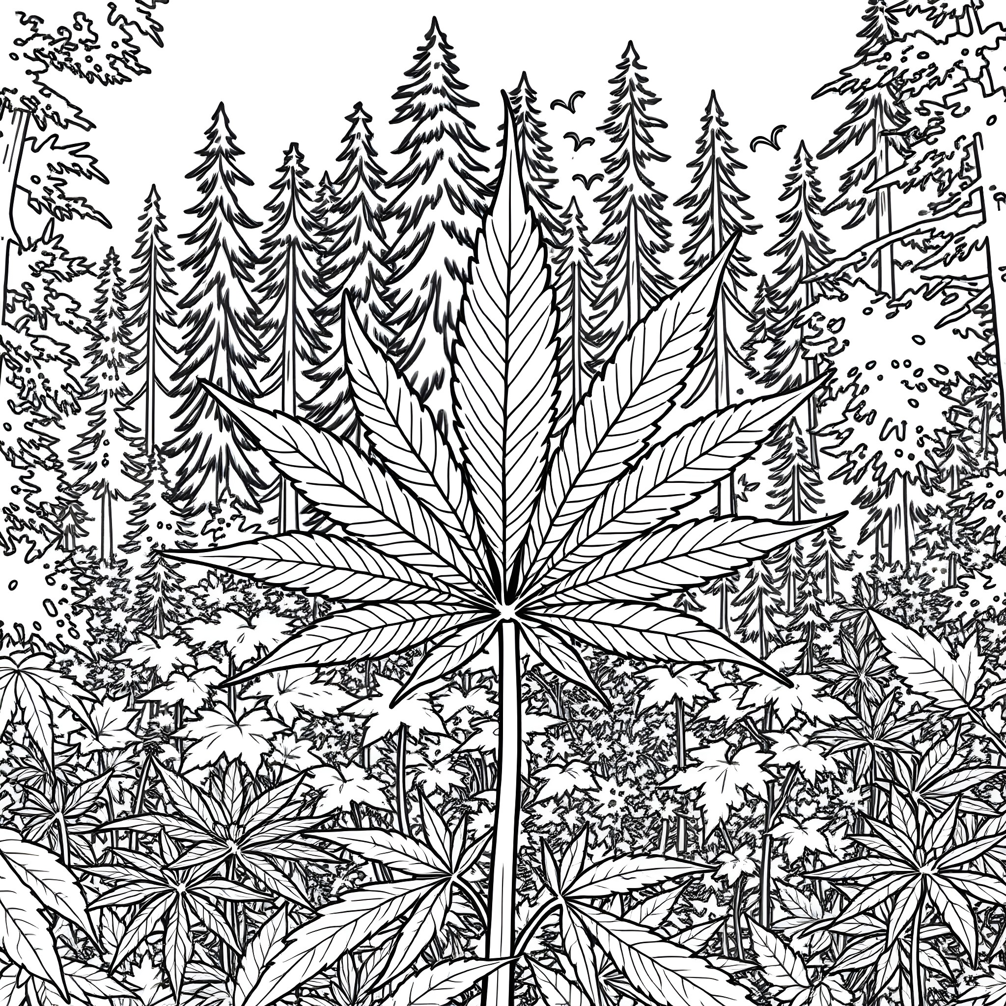 Cannabis Leaf in a Serene Forest Coloring Page (free black-and-white line drawing printable PDF for all, from beginners to advanced learners, including children, teens, adults, and seniors)