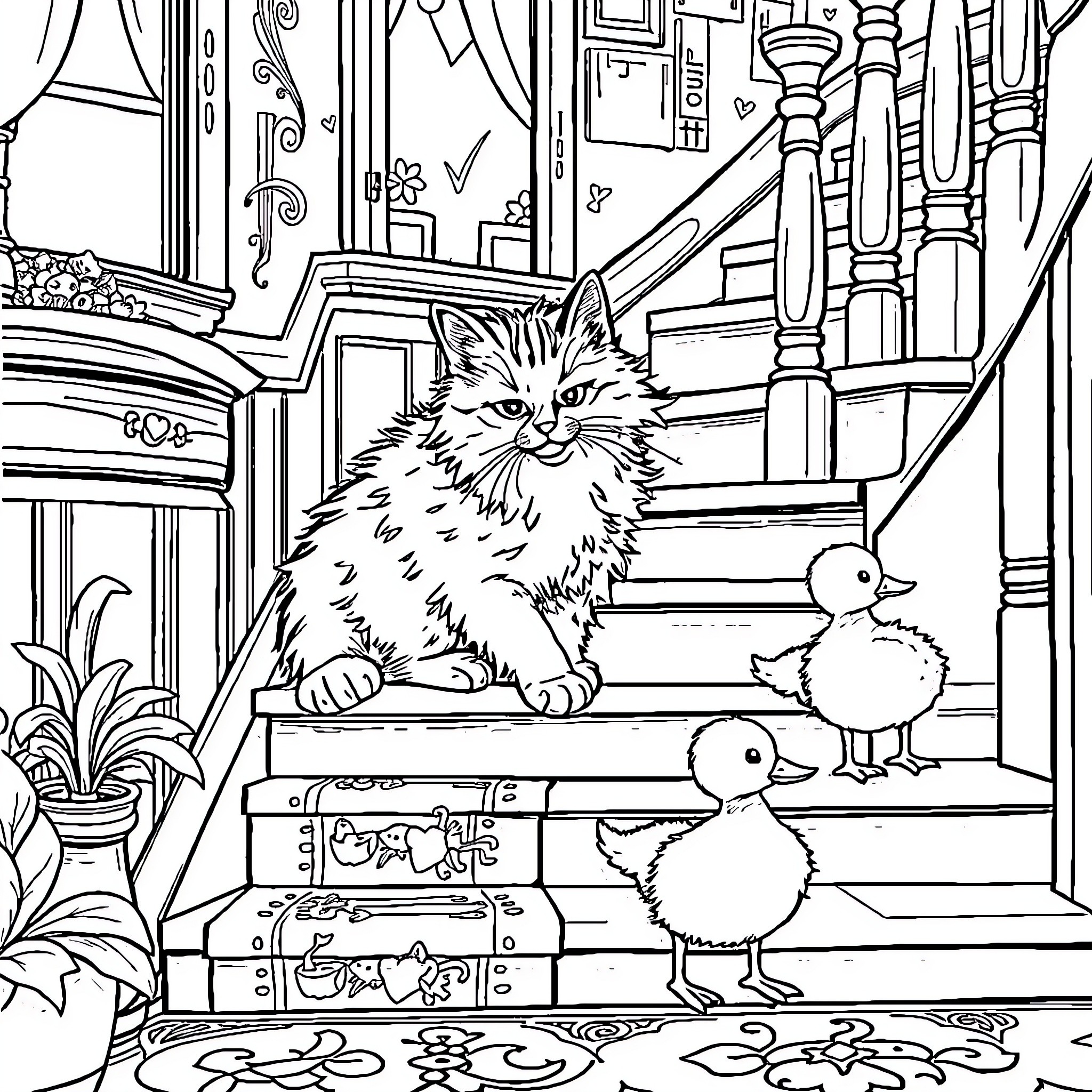 Cat exploring cozy cottage interior with baby chicks Coloring Page (free black-and-white line drawing printable PDF for all, from beginners to advanced learners, including children, teens, adults, and seniors)