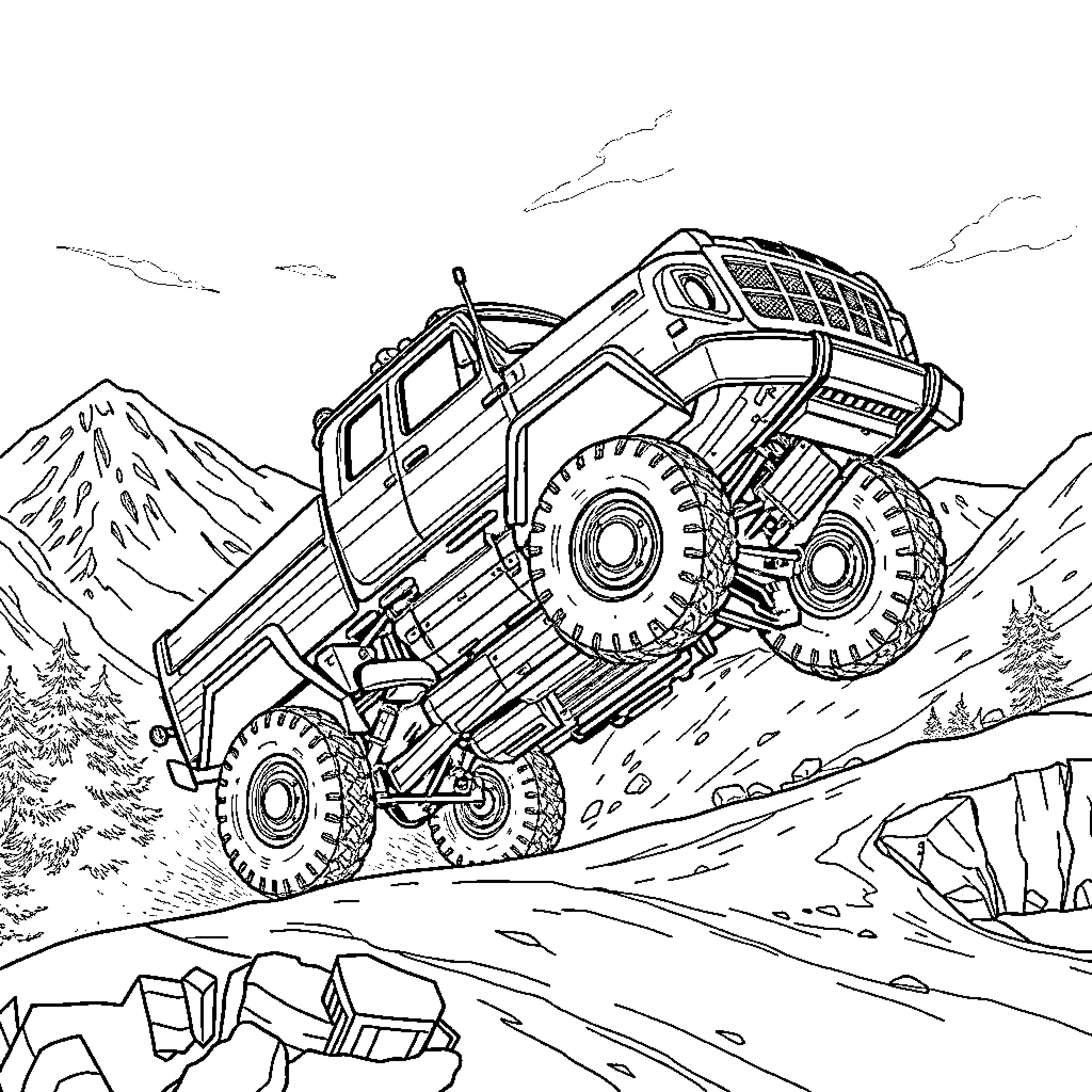 Dodge Off-Road Truck Navigating Rugged Terrain Coloring Page (free black-and-white line drawing printable PDF for all, from beginners to advanced learners, including children, teens, adults, and seniors)
