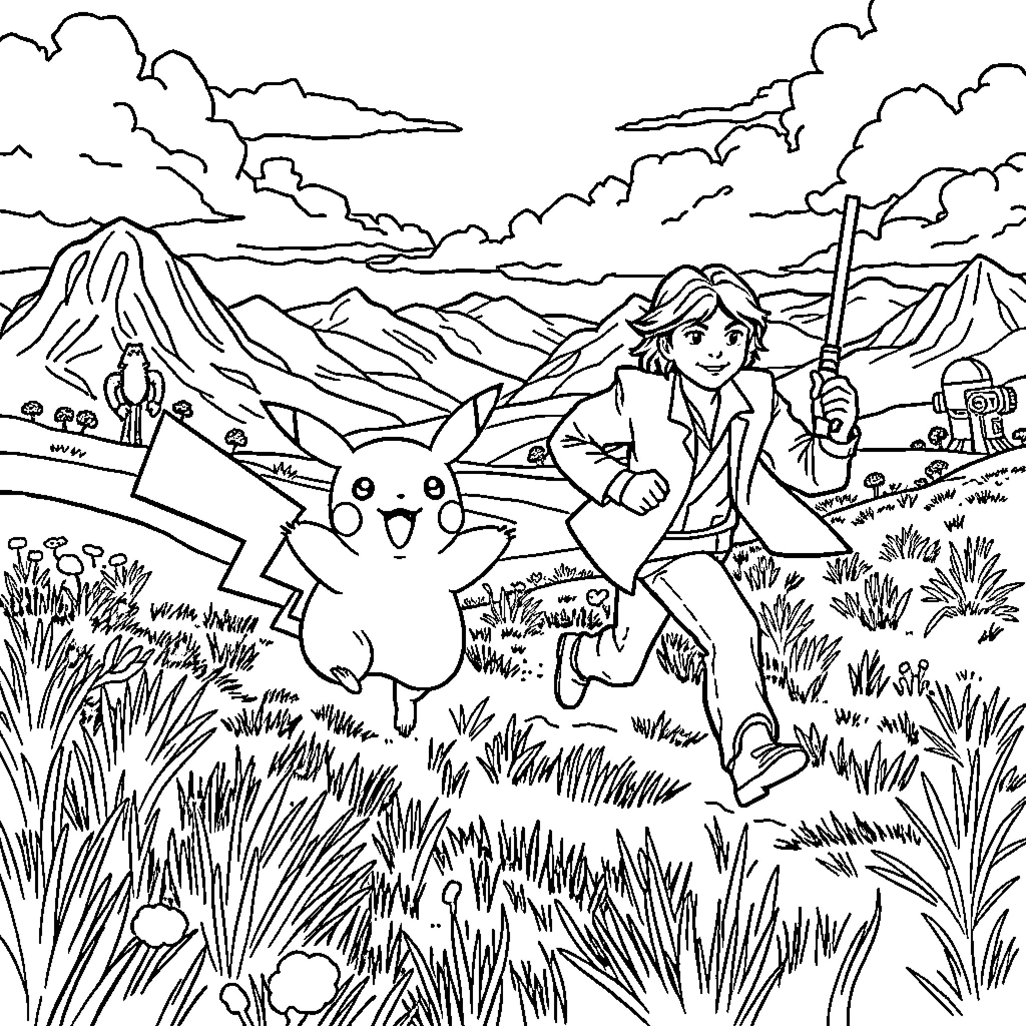 Pikachu and Trainer Exploring Scenic Landscape Coloring Page (free black-and-white line drawing printable PDF for all, from beginners to advanced learners, including children, teens, adults, and seniors)