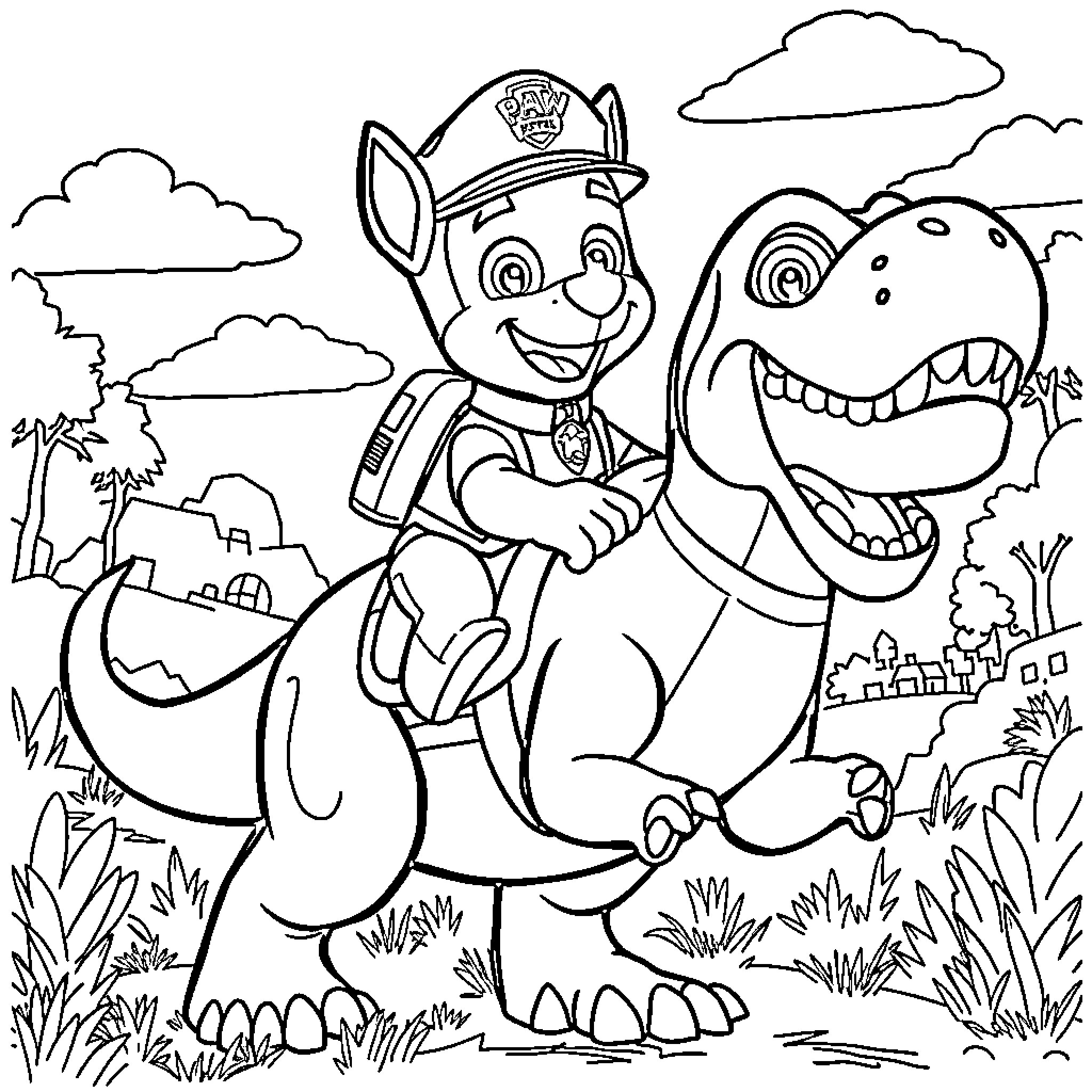 Chase the dinosaur with the patrol pup Coloring Page (free black-and-white line drawing printable PDF for all, from beginners to advanced learners, including children, teens, adults, and seniors)
