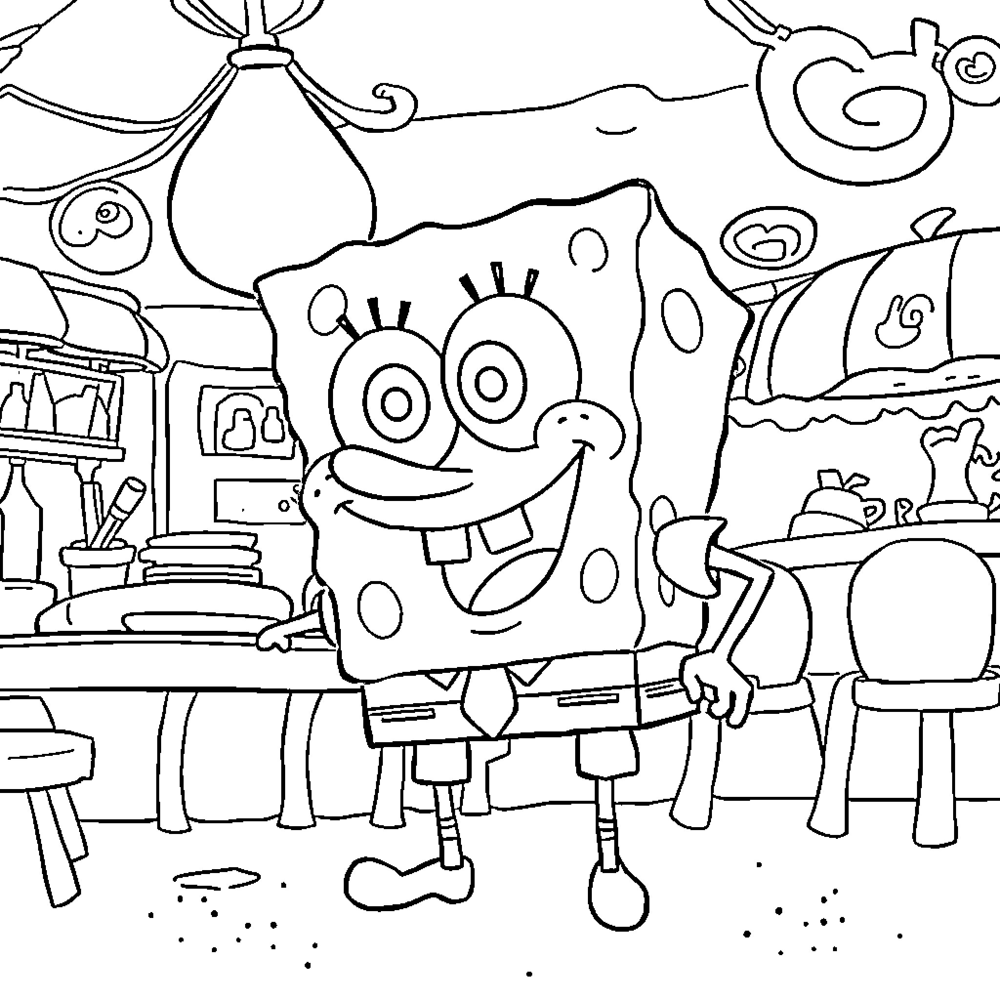 Spongebob's Wacky Adventures in Bikini Bottom Coloring Page (free black-and-white line drawing printable PDF for all, from beginners to advanced learners, including children, teens, adults, and seniors)
