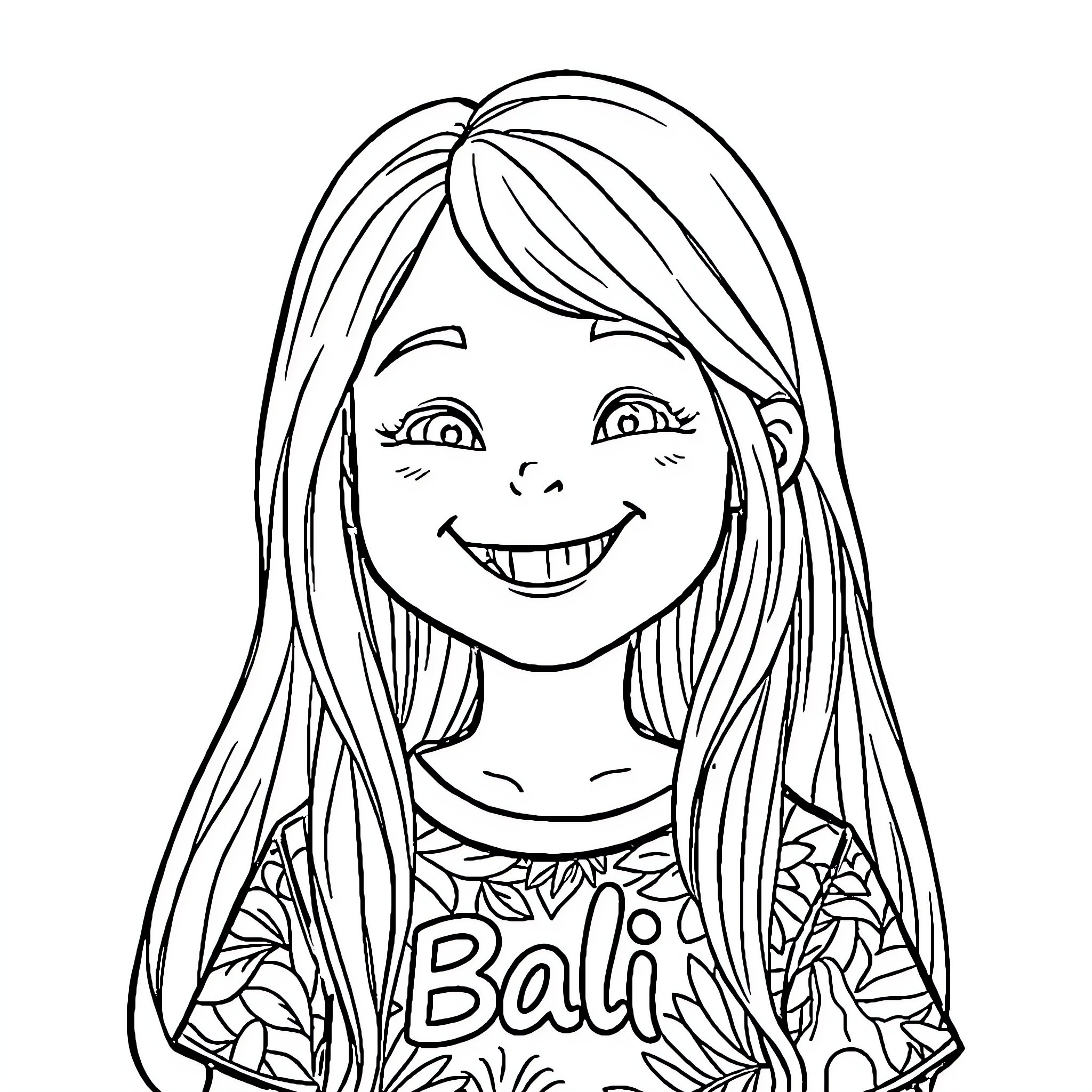 Girl smiling happily in floral outfit Coloring Page (free black-and-white line drawing printable PDF for all, from beginners to advanced learners, including children, teens, adults, and seniors)