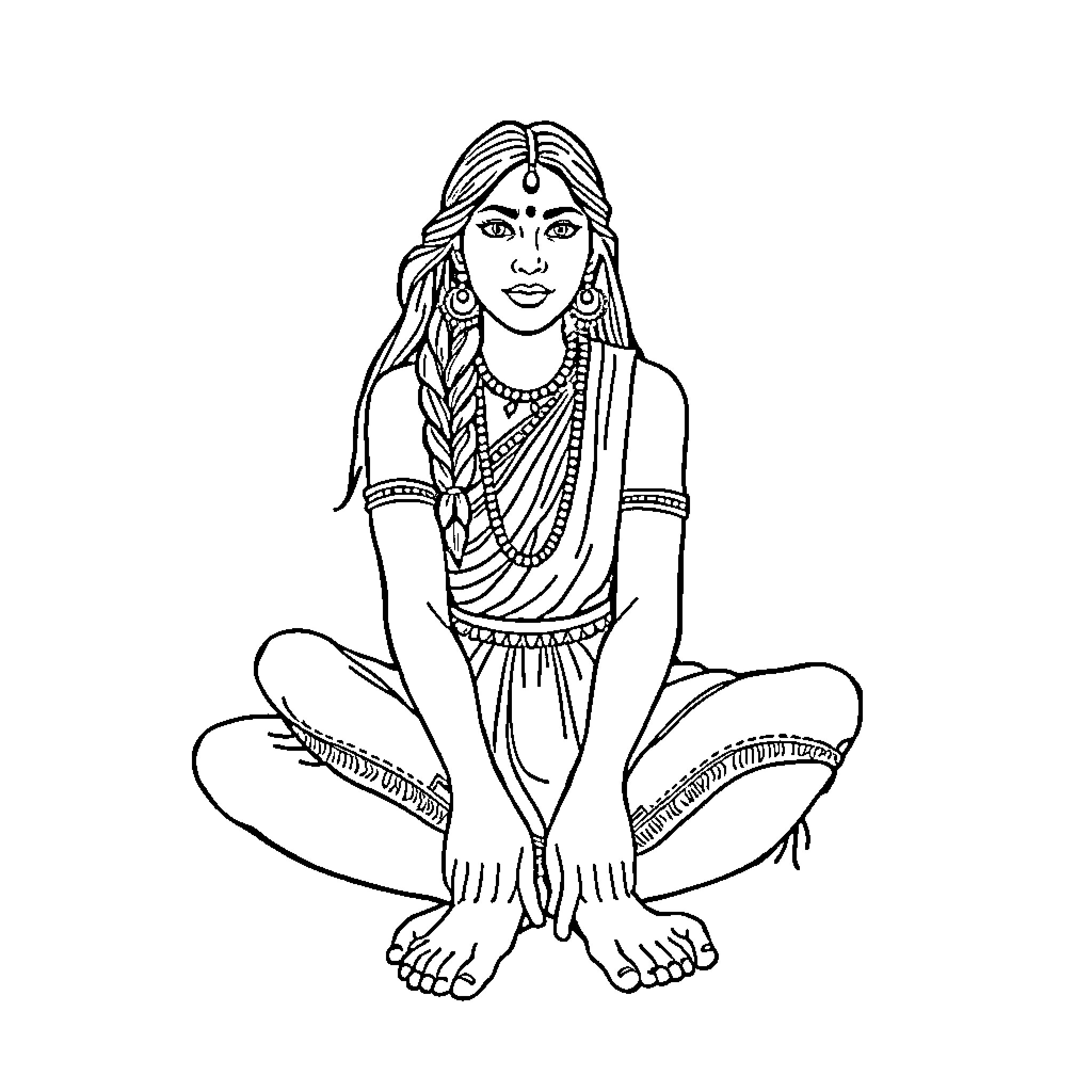 Aunty in traditional attire sitting peacefully Coloring Page (free black-and-white line drawing printable PDF for all, from beginners to advanced learners, including children, teens, adults, and seniors)