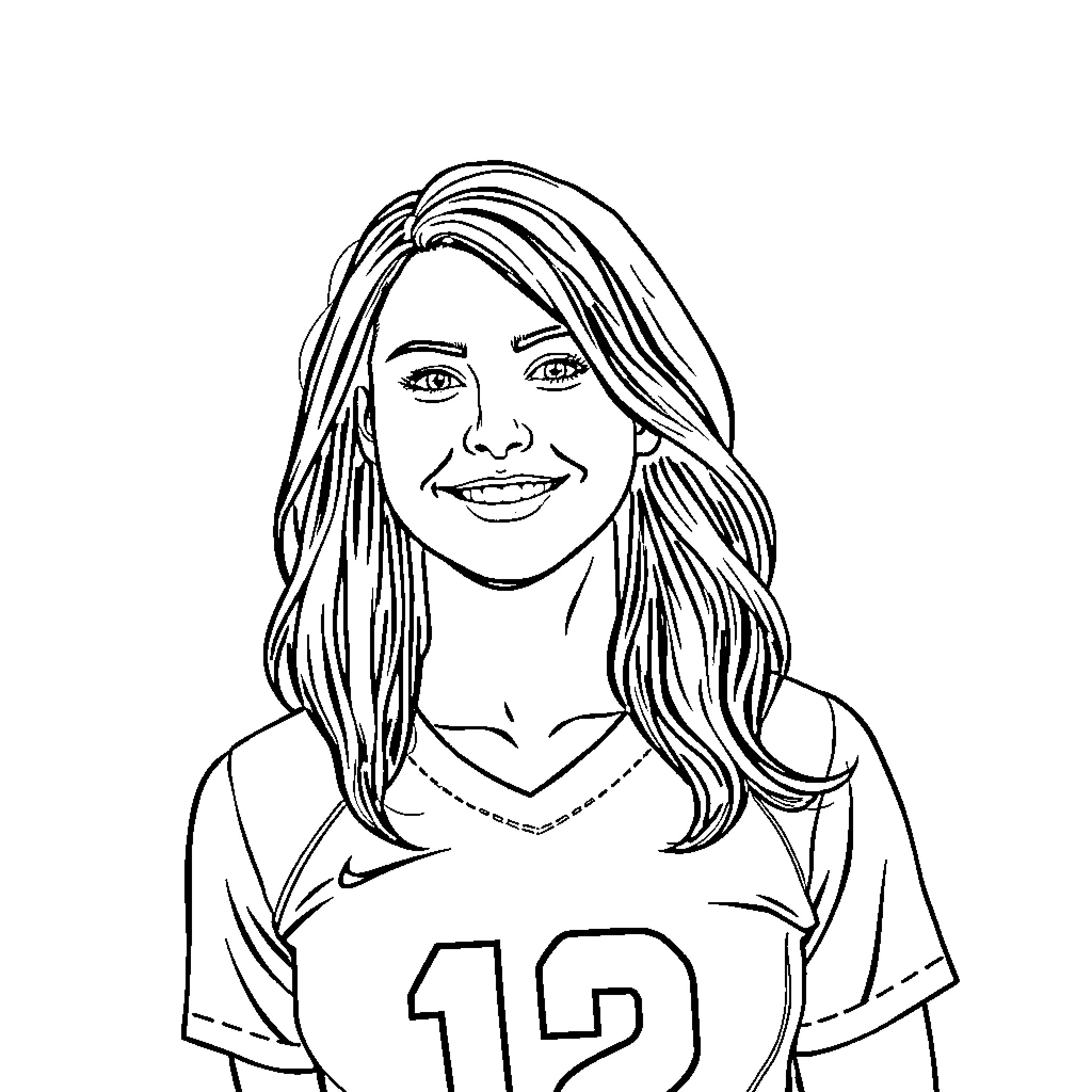 Katie McAffee Smiling and Wearing Athletic Attire Coloring Page (free black-and-white line drawing printable PDF for all, from beginners to advanced learners, including children, teens, adults, and seniors)