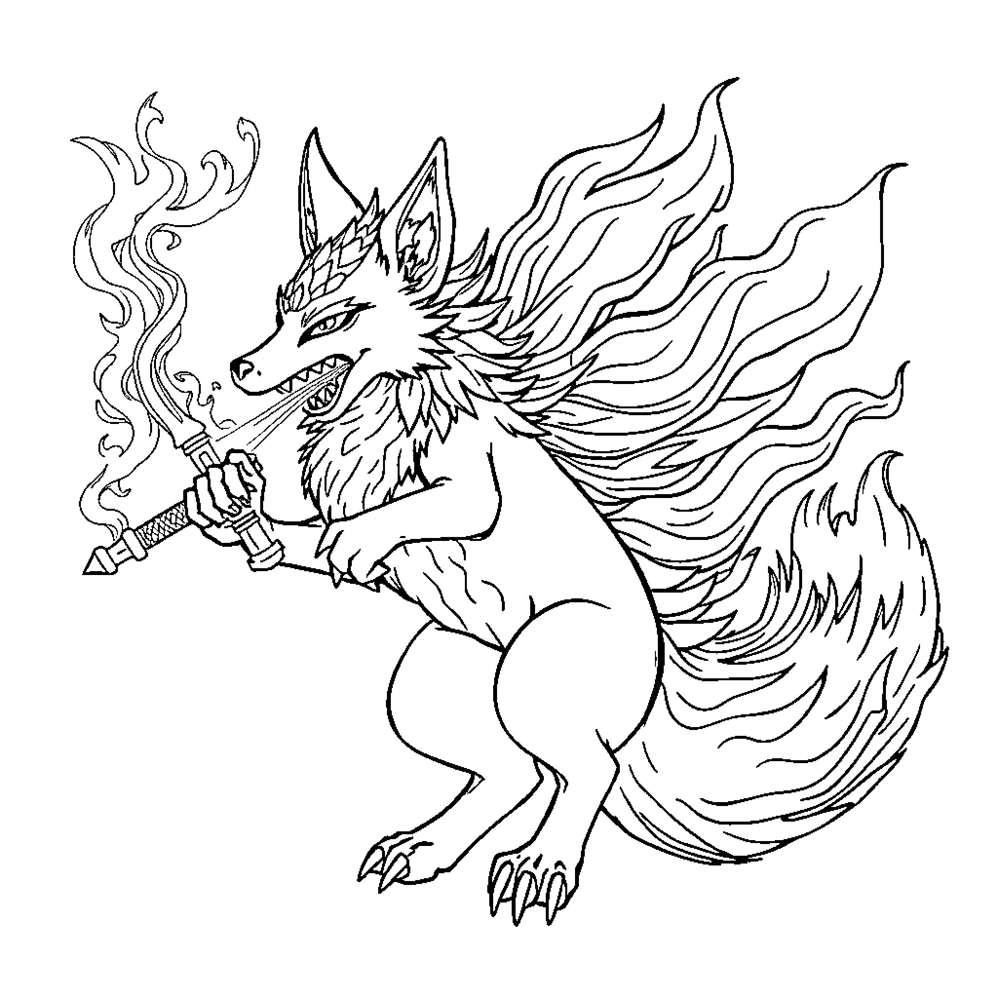 Fox wielding a fiery sword with fierce expression Coloring Page (free black-and-white line drawing printable PDF for all, from beginners to advanced learners, including children, teens, adults, and seniors)