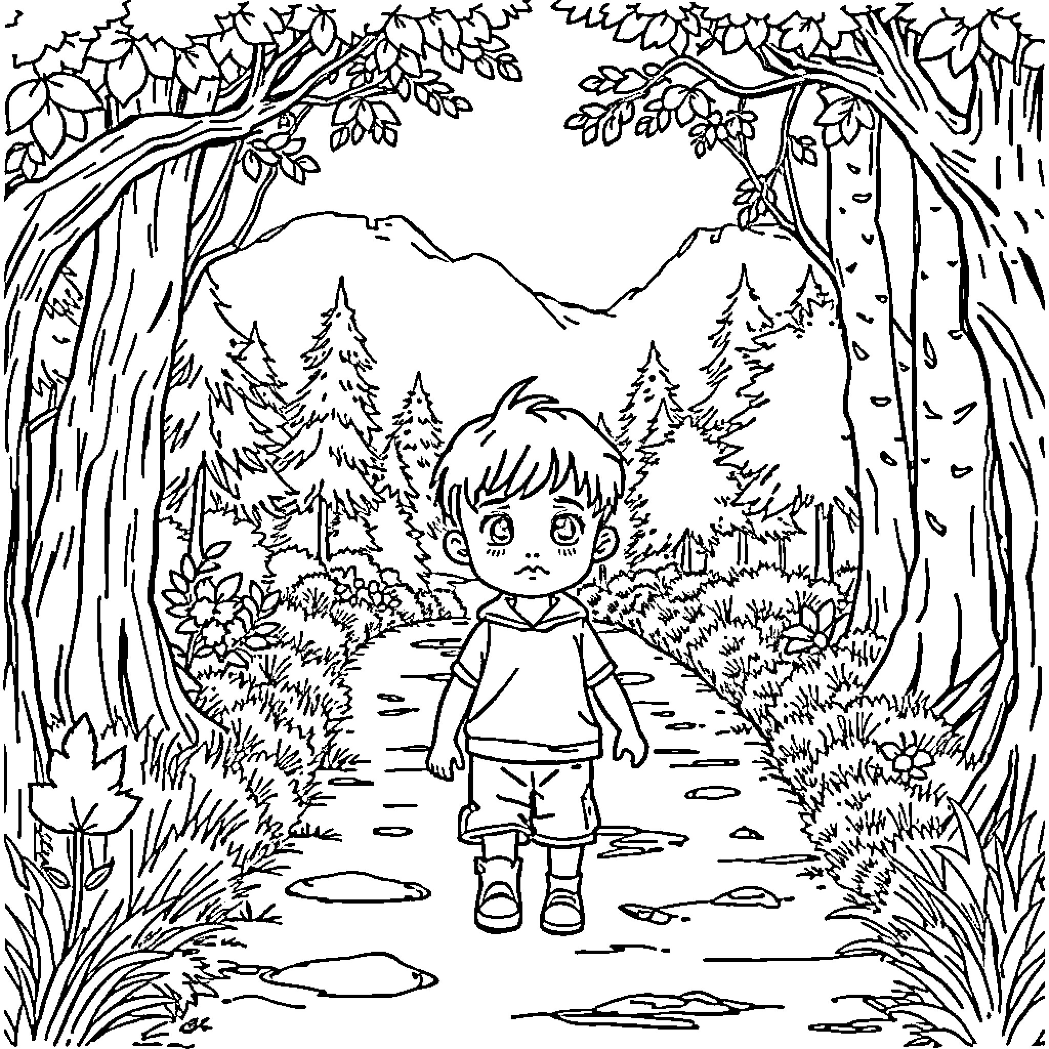 Enfant exploring a magical forest landscape Coloring Page (free black-and-white line drawing printable PDF for all, from beginners to advanced learners, including children, teens, adults, and seniors)
