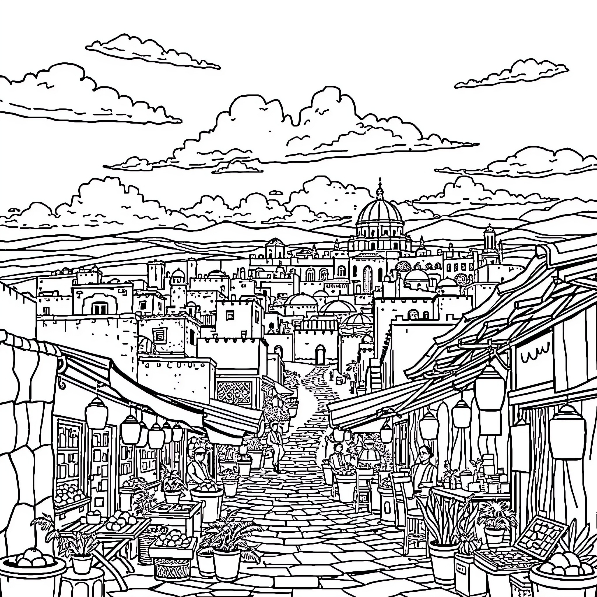 Palestine bustling marketplace with domed roofs and cloudy sky Coloring Page (free black-and-white line drawing printable PDF for all, from beginners to advanced learners, including children, teens, adults, and seniors)