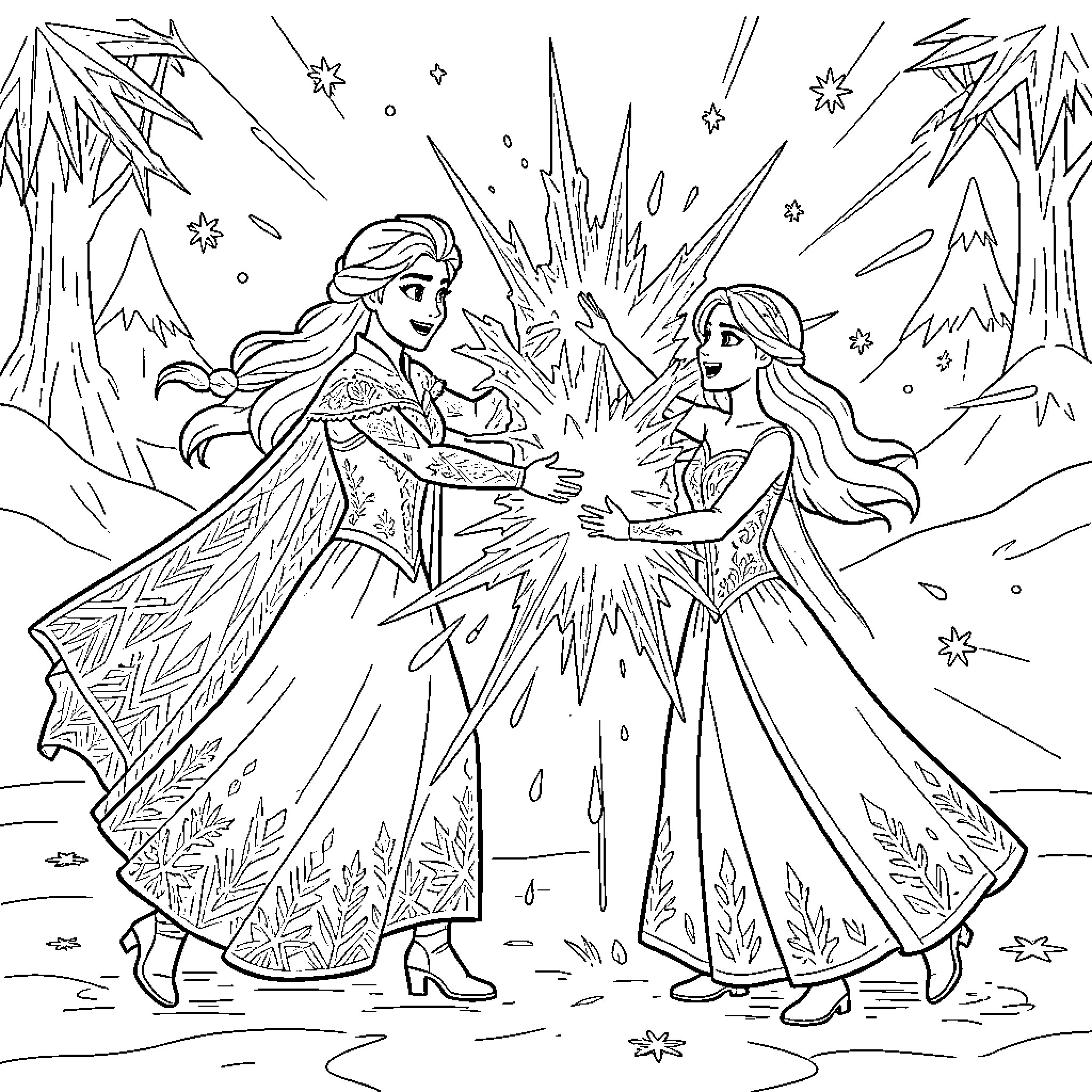 Princesses performing magic with ice crystals in a winter landscape Coloring Page (free black-and-white line drawing printable PDF for all, from beginners to advanced learners, including children, teens, adults, and seniors)