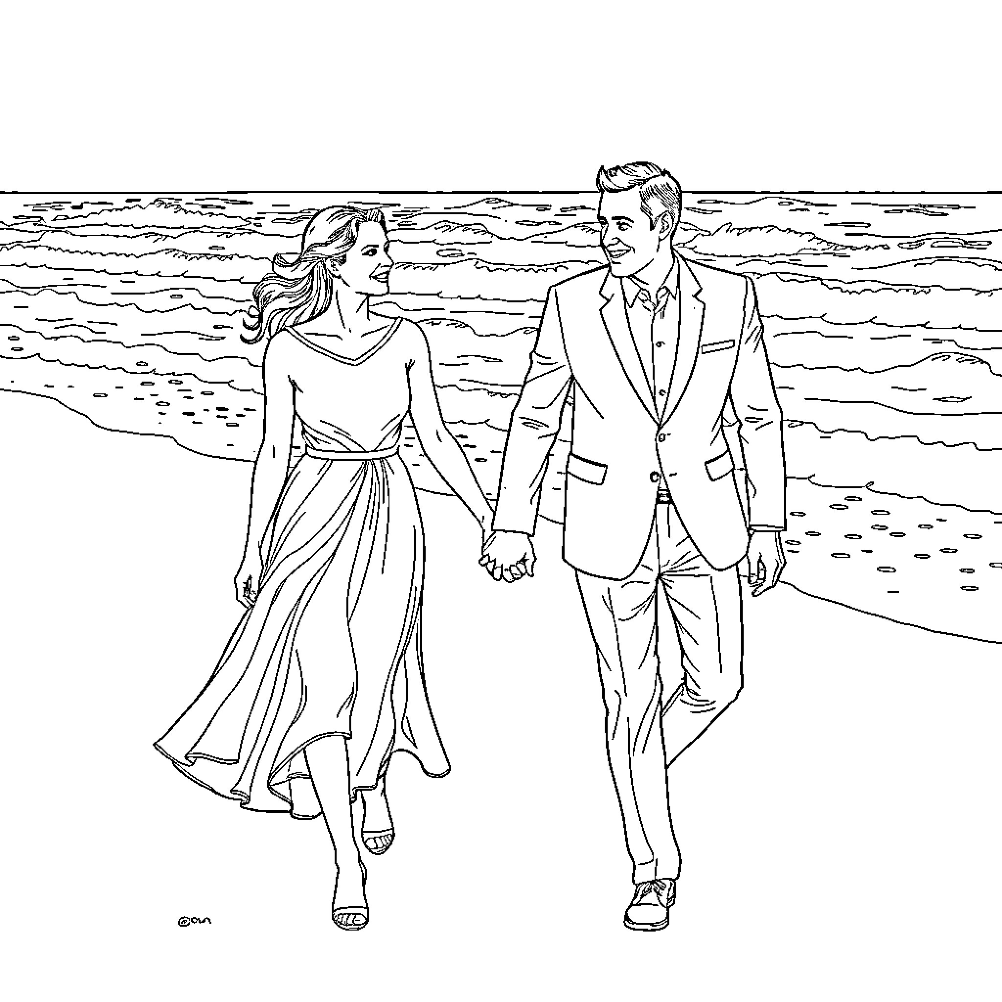 Grand Duchess and Duke Strolling on the Beach Coloring Page (free black-and-white line drawing printable PDF for all, from beginners to advanced learners, including children, teens, adults, and seniors)