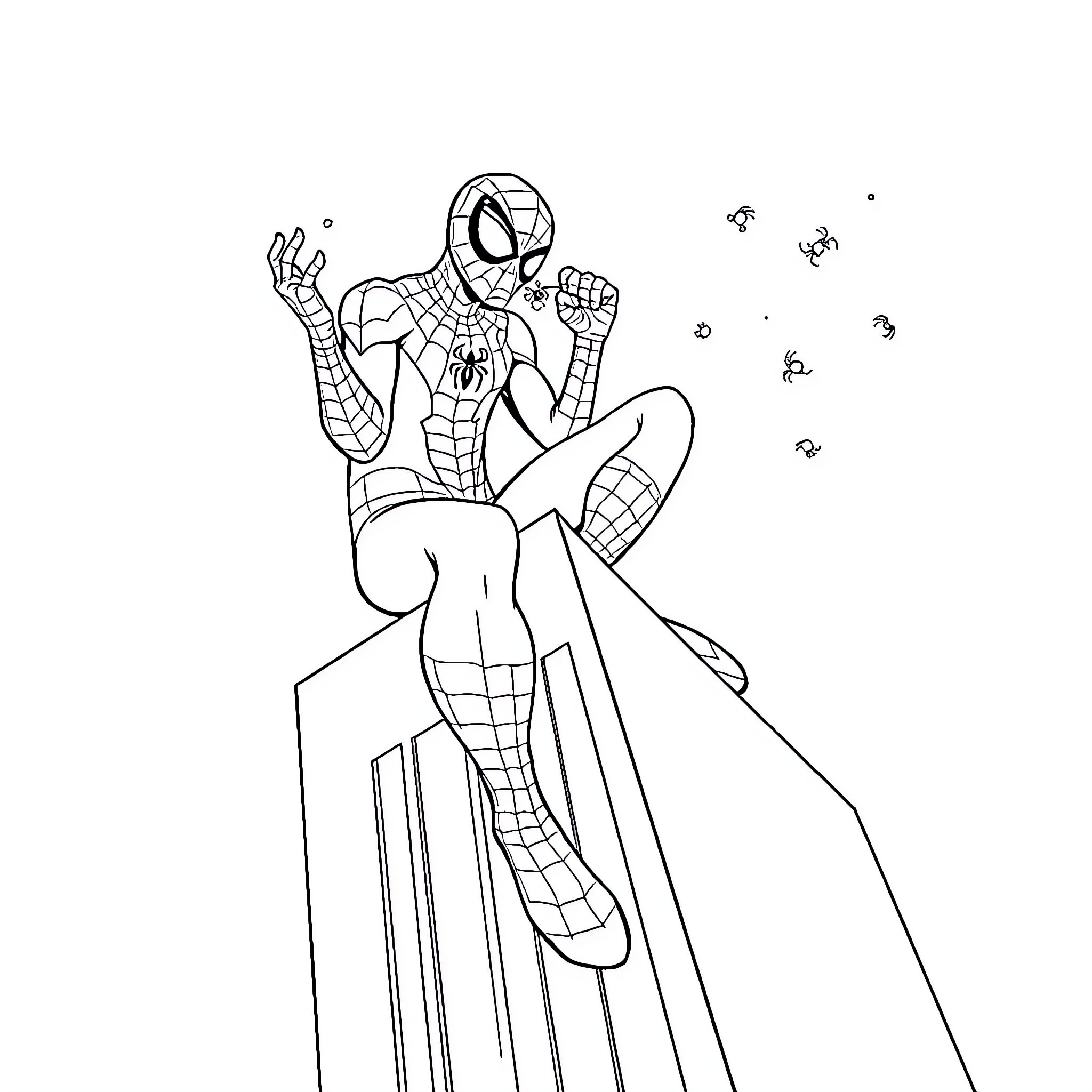 Spiderman swinging high above the city Coloring Page (free black-and-white line drawing printable PDF for all, from beginners to advanced learners, including children, teens, adults, and seniors)