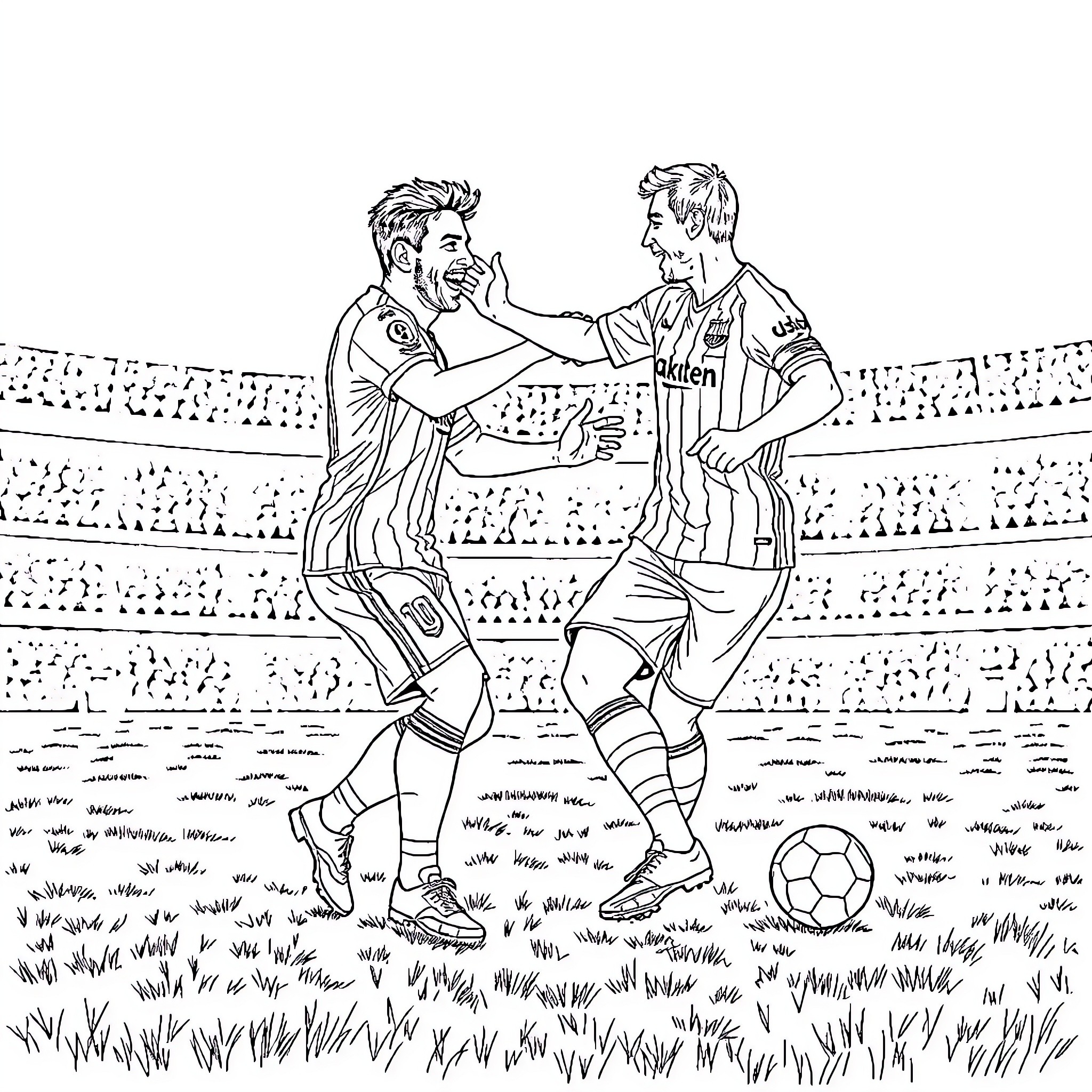 Bojan Krkic - Soccer Players in Friendly Match Coloring Page (free black-and-white line drawing printable PDF for all, from beginners to advanced learners, including children, teens, adults, and seniors)