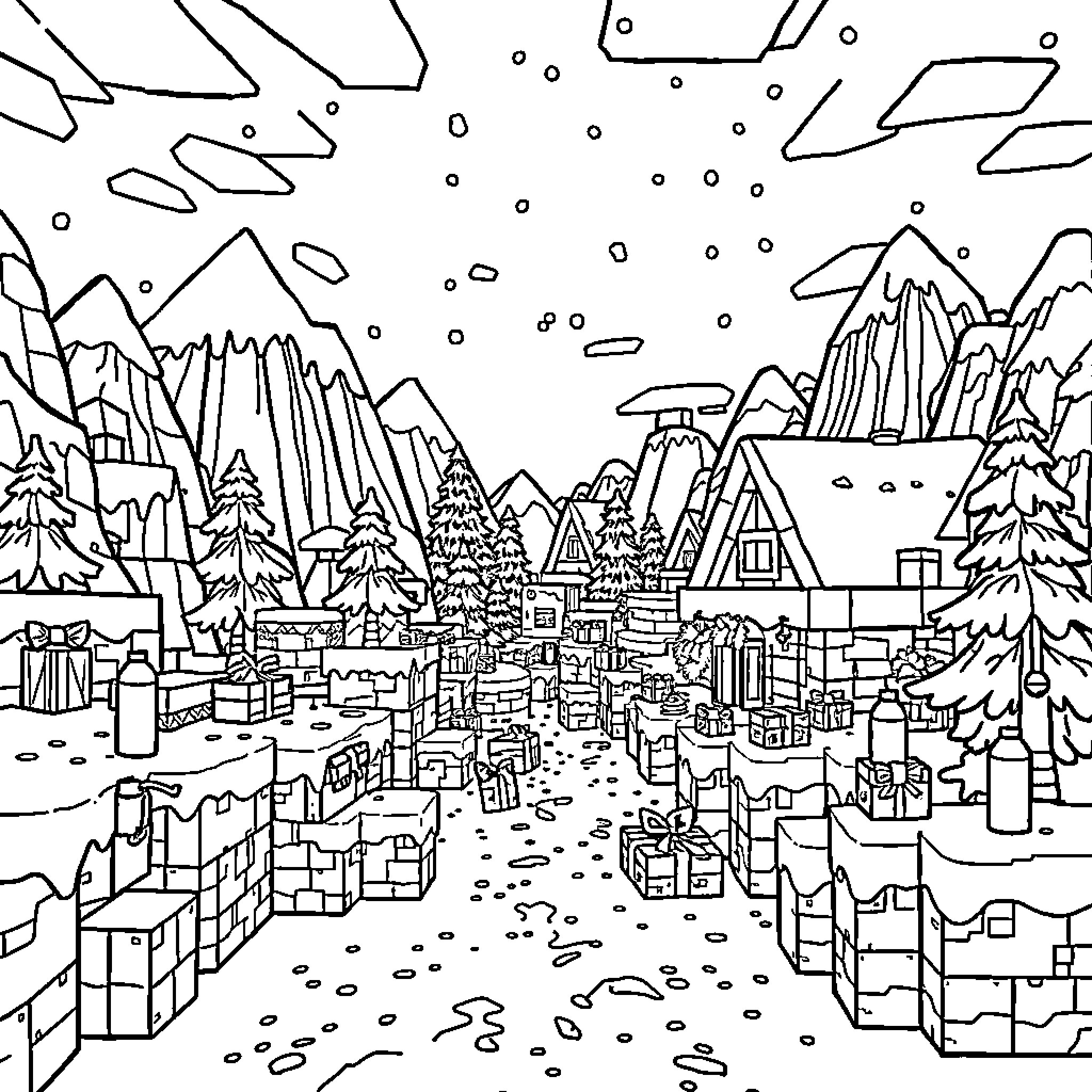 Minecraft Village in Snowy Mountain Landscape Coloring Page (free black-and-white line drawing printable PDF for all, from beginners to advanced learners, including children, teens, adults, and seniors)