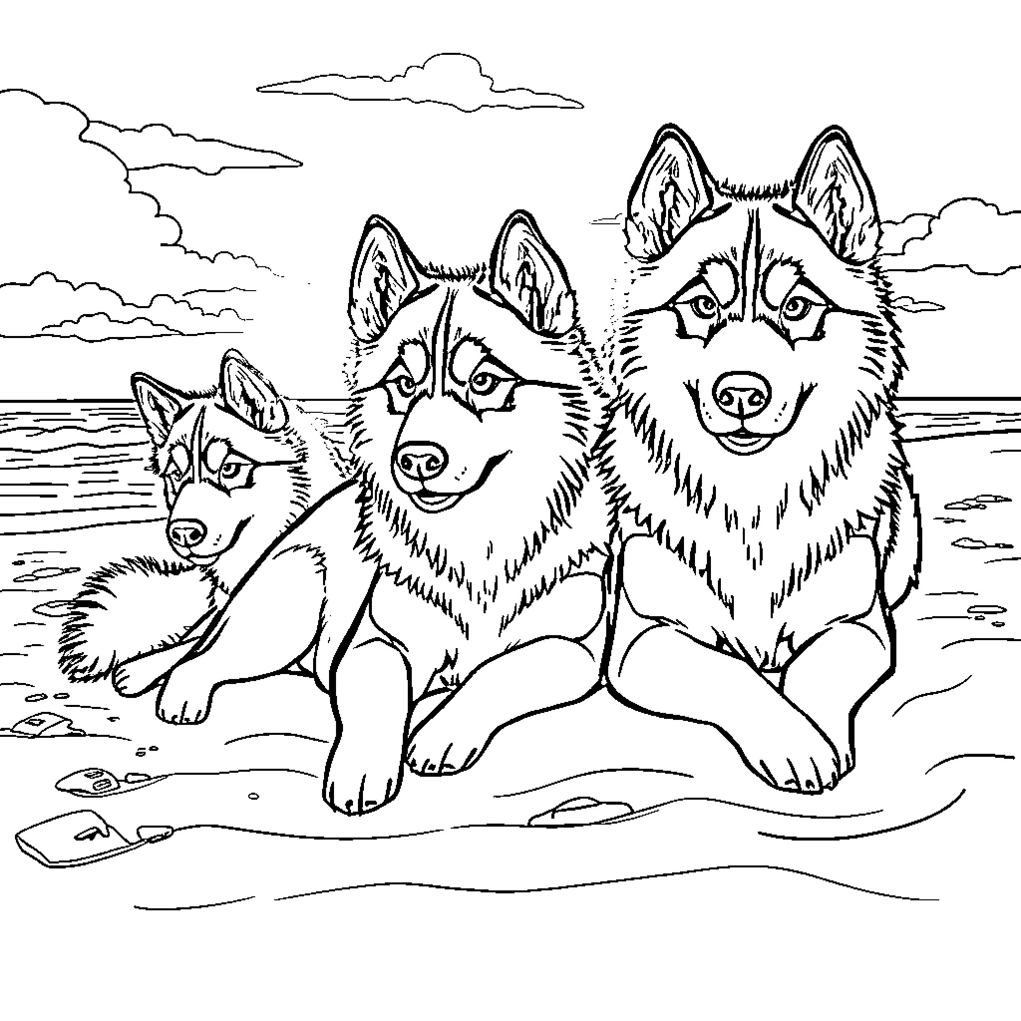 Husky dogs playing on the beach Coloring Page (free black-and-white line drawing printable PDF for all, from beginners to advanced learners, including children, teens, adults, and seniors)
