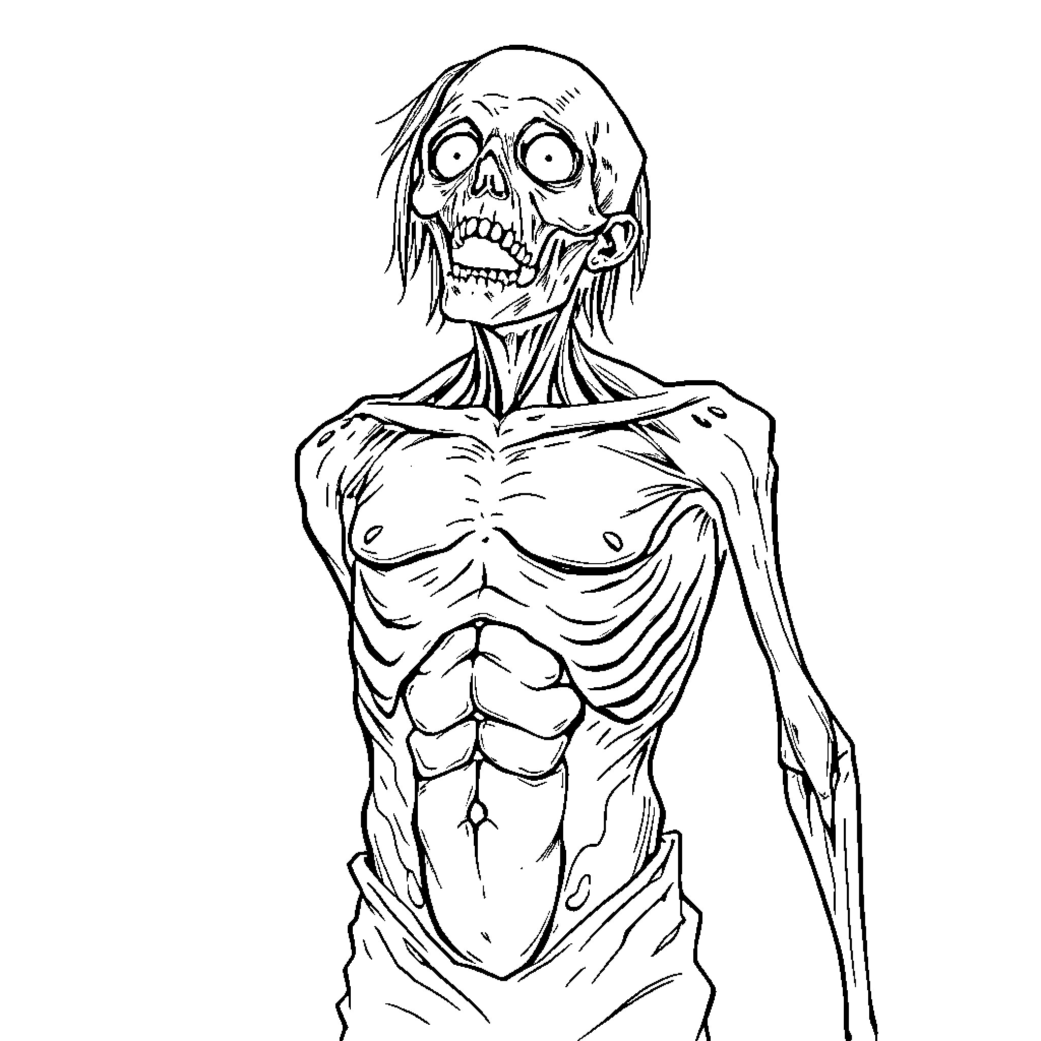 Zombie with Disturbing Expression and Anatomy Coloring Page (free black-and-white line drawing printable PDF for all, from beginners to advanced learners, including children, teens, adults, and seniors)
