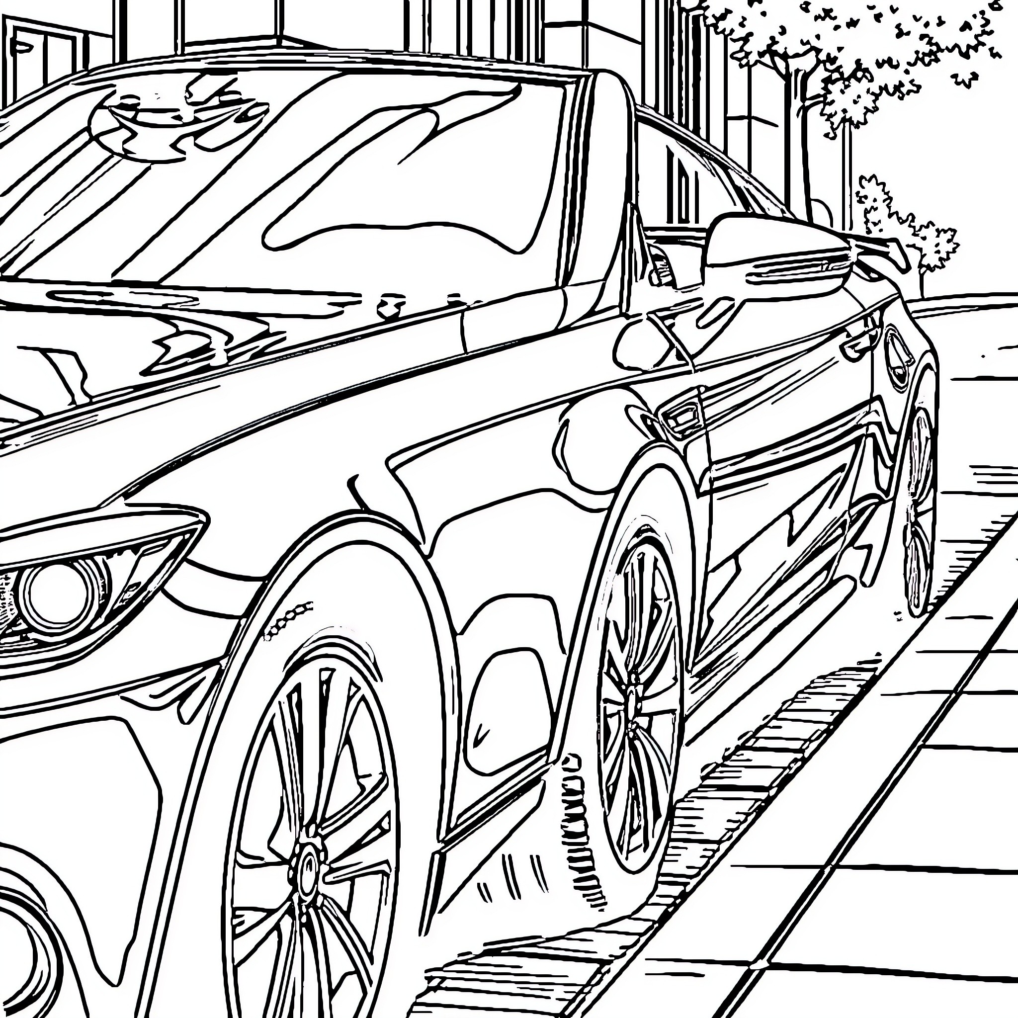Car in a neighborhood setting Coloring Page (free black-and-white line drawing printable PDF for all, from beginners to advanced learners, including children, teens, adults, and seniors)