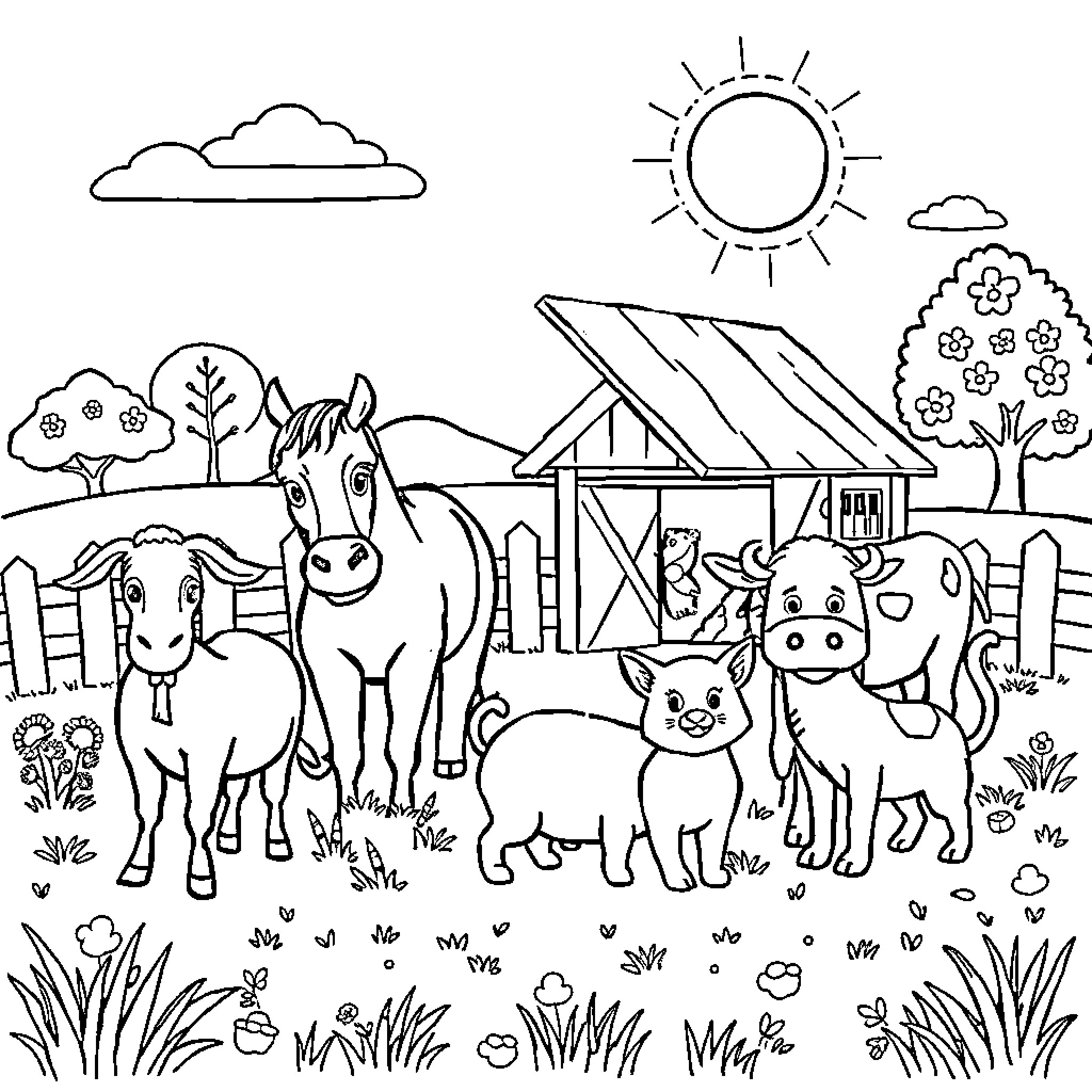 Farm Animals Enjoying a Sunny Day on the Farm Coloring Page (free black-and-white line drawing printable PDF for all, from beginners to advanced learners, including children, teens, adults, and seniors)