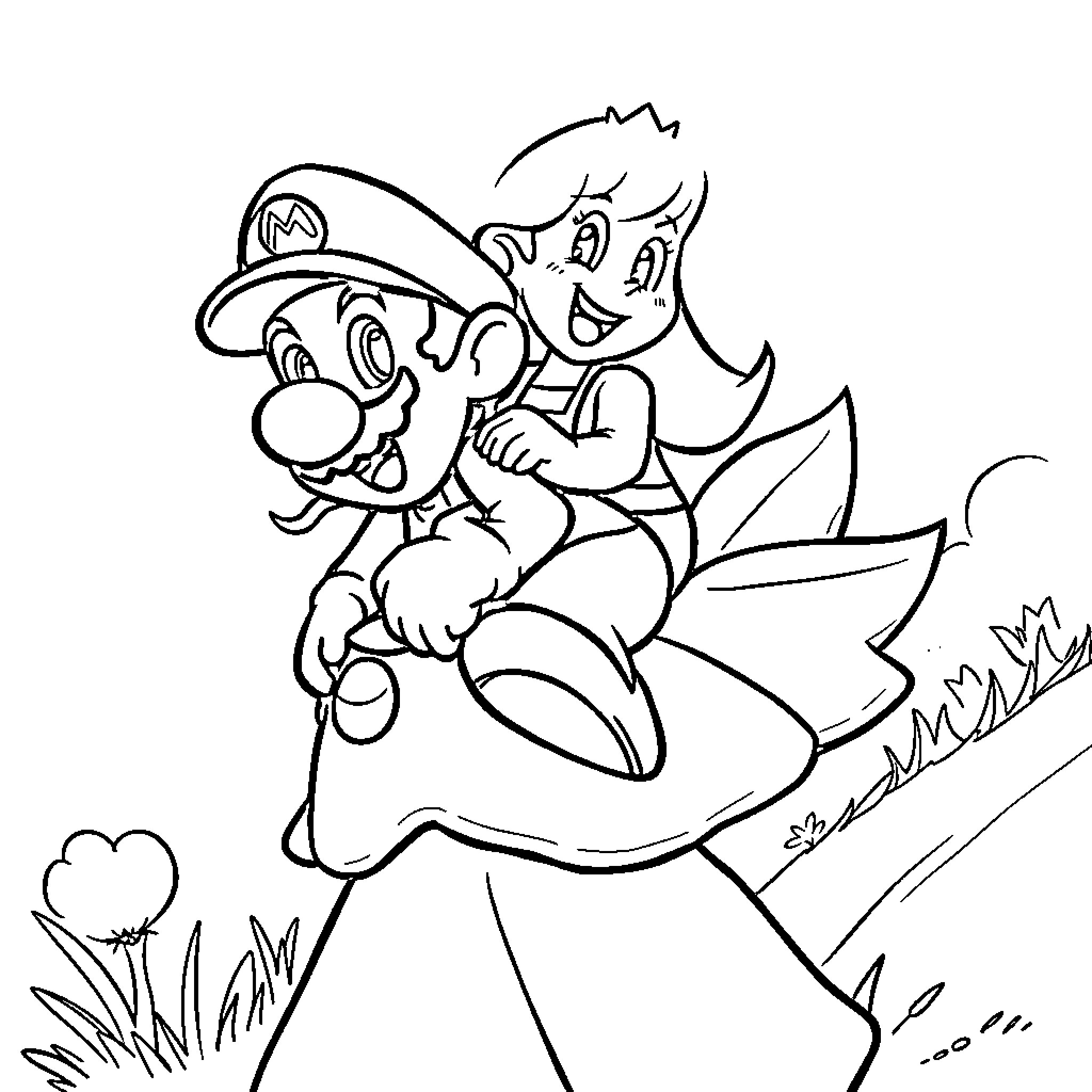 Mario Dashing Through the Grass Coloring Page (free black-and-white line drawing printable PDF for all, from beginners to advanced learners, including children, teens, adults, and seniors)