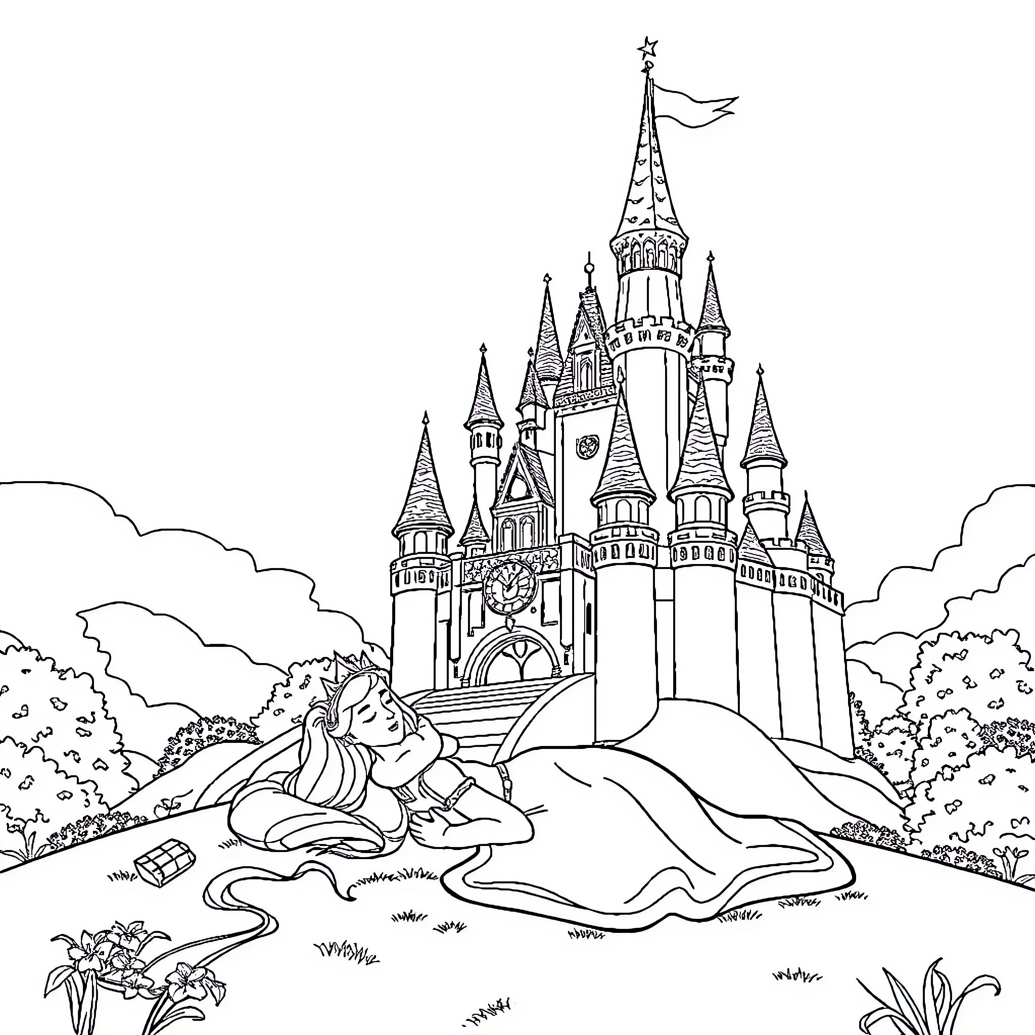 Princess Resting Peacefully in a Fairy Tale Landscape Coloring Page (free black-and-white line drawing printable PDF for all, from beginners to advanced learners, including children, teens, adults, and seniors)