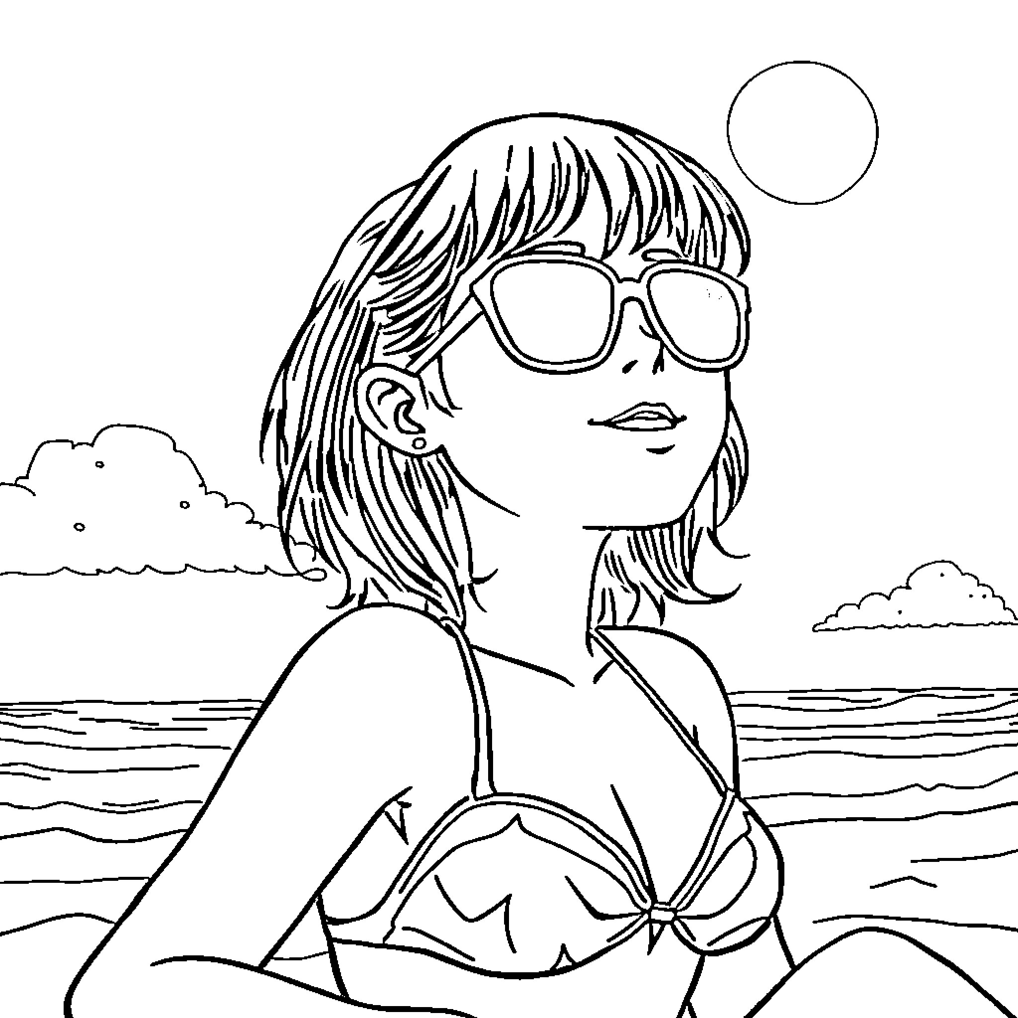 Nesuko relaxing at the beach with sunglasses Coloring Page (free black-and-white line drawing printable PDF for all, from beginners to advanced learners, including children, teens, adults, and seniors)