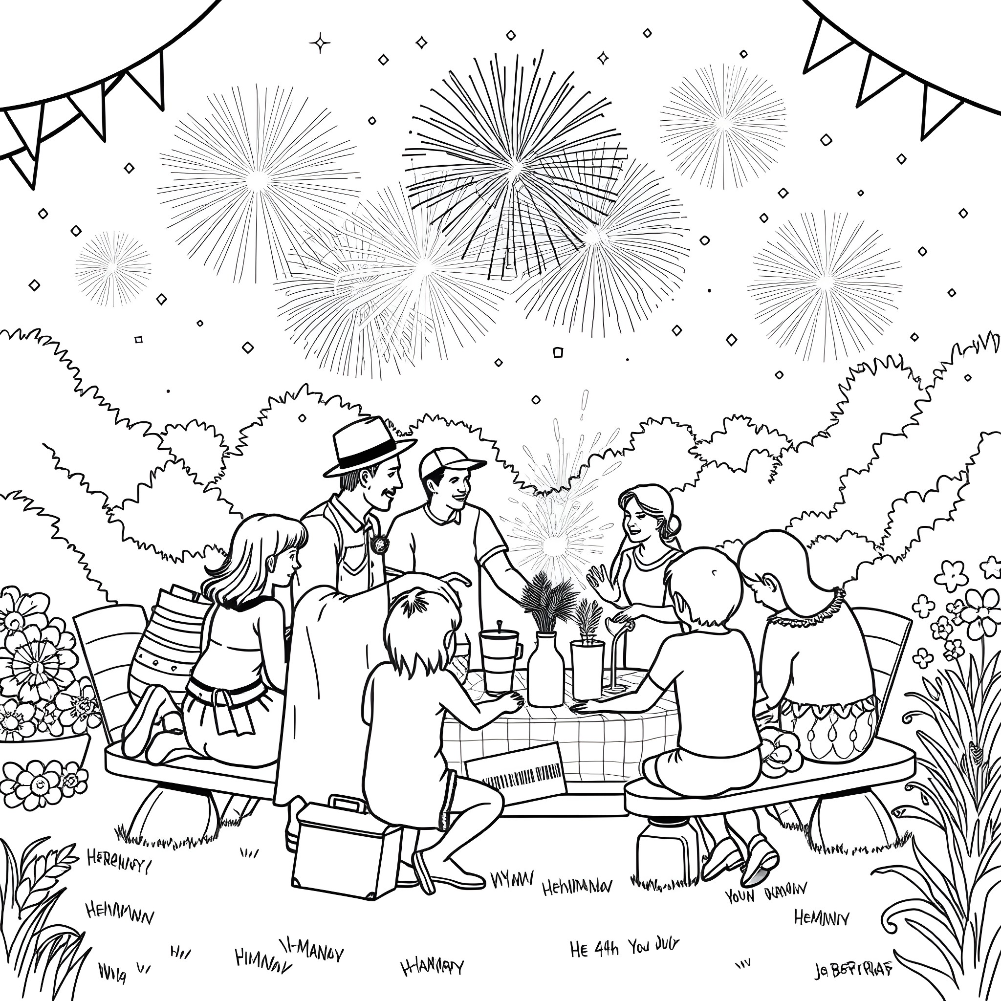 4th Of July Celebration with Fireworks and Family Gathering Coloring Page (free black-and-white line drawing printable PDF for all, from beginners to advanced learners, including children, teens, adults, and seniors)