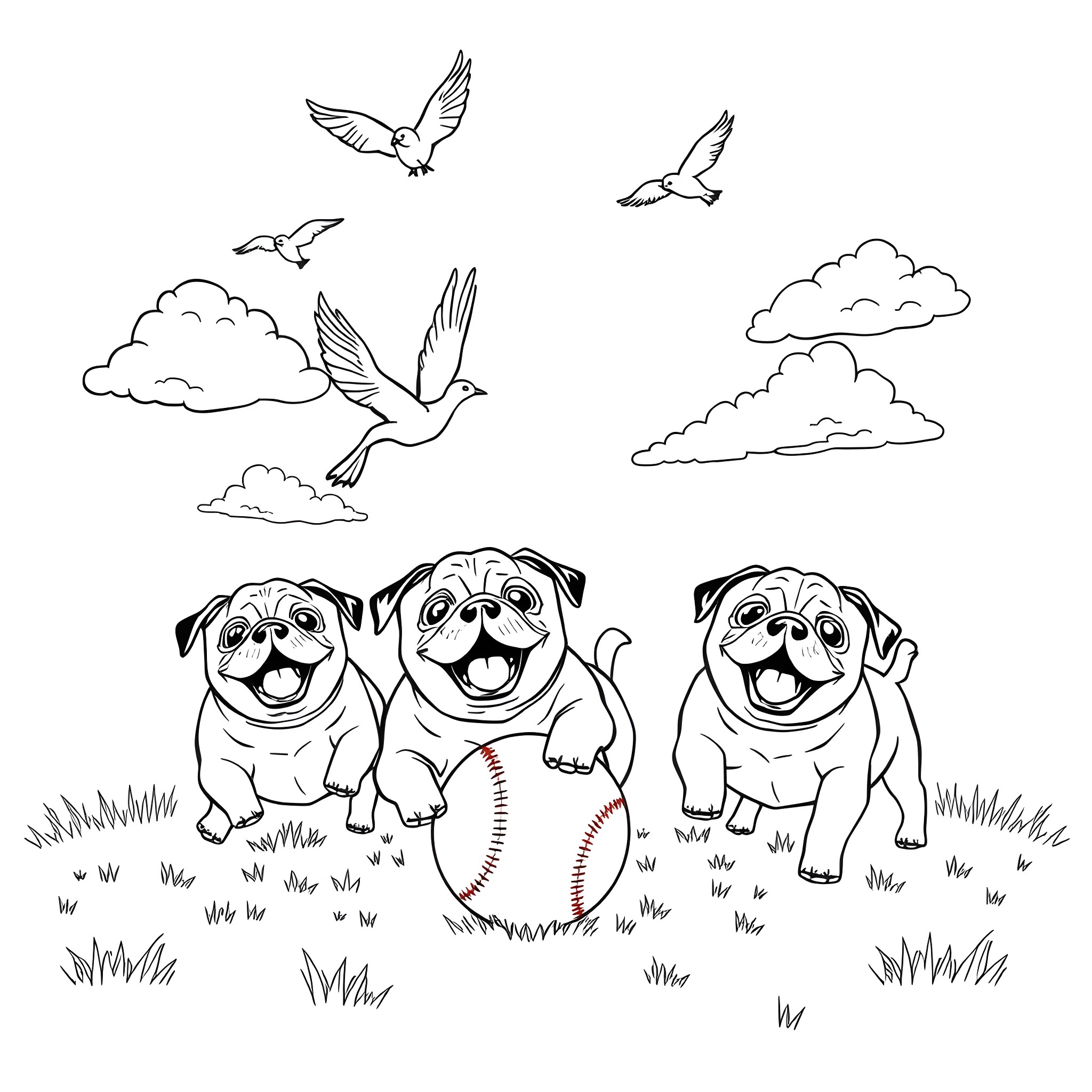 Pug dogs playing joyfully in the park Coloring Page (free black-and-white line drawing printable PDF for all, from beginners to advanced learners, including children, teens, adults, and seniors)