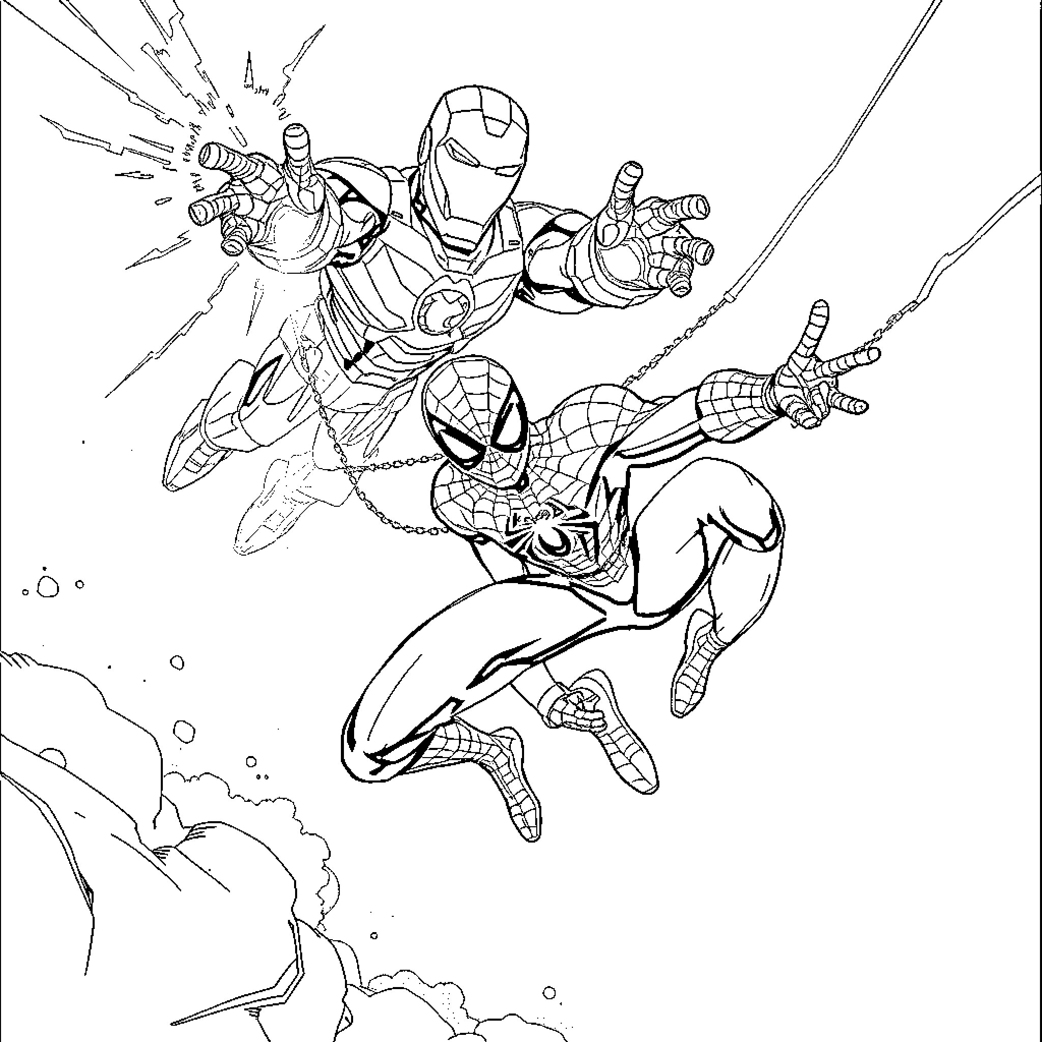 Spider Heroes in Action-Packed Adventure Coloring Page (free black-and-white line drawing printable PDF for all, from beginners to advanced learners, including children, teens, adults, and seniors)