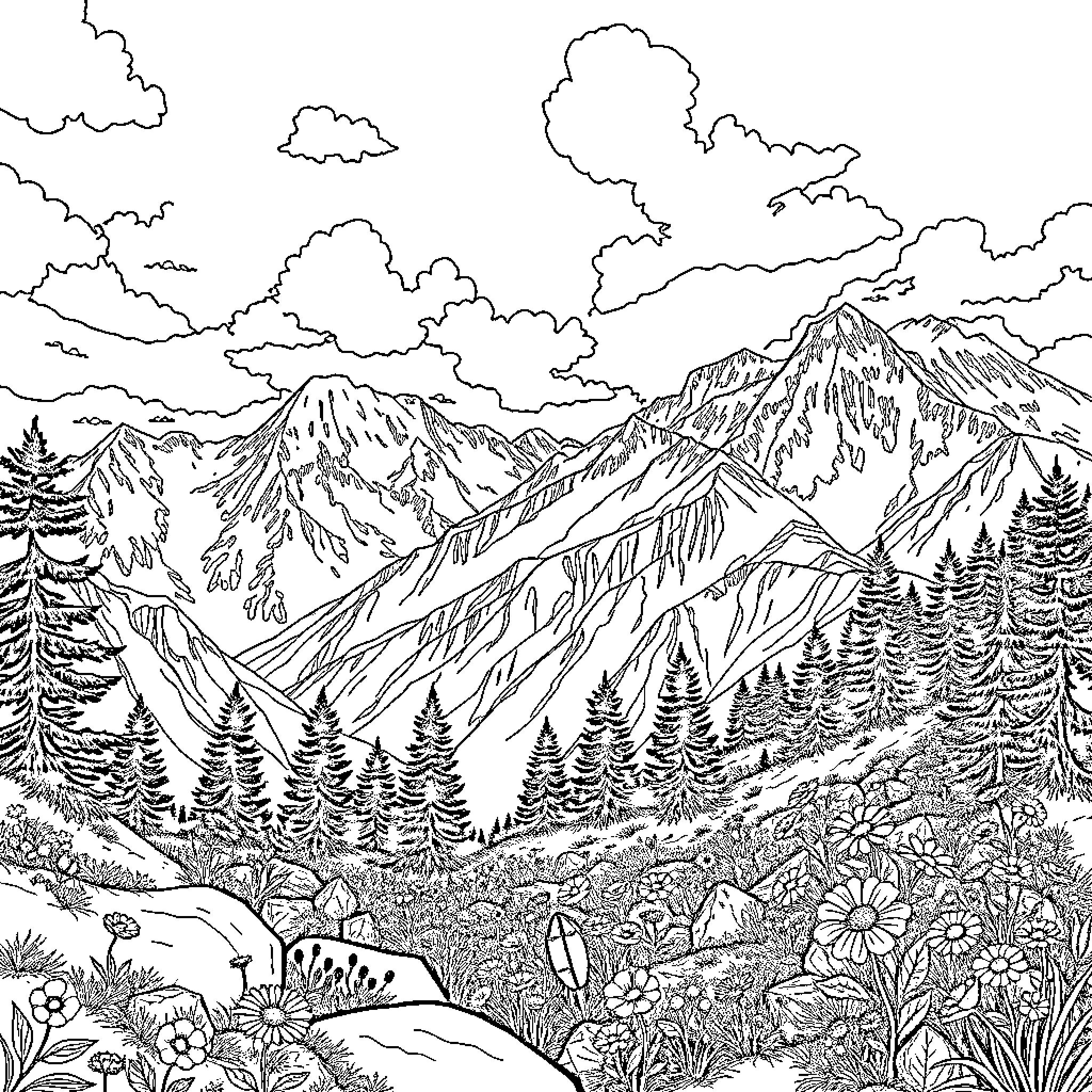 Mountain landscape with scenic peaks and forest Coloring Page (free black-and-white line drawing printable PDF for all, from beginners to advanced learners, including children, teens, adults, and seniors)
