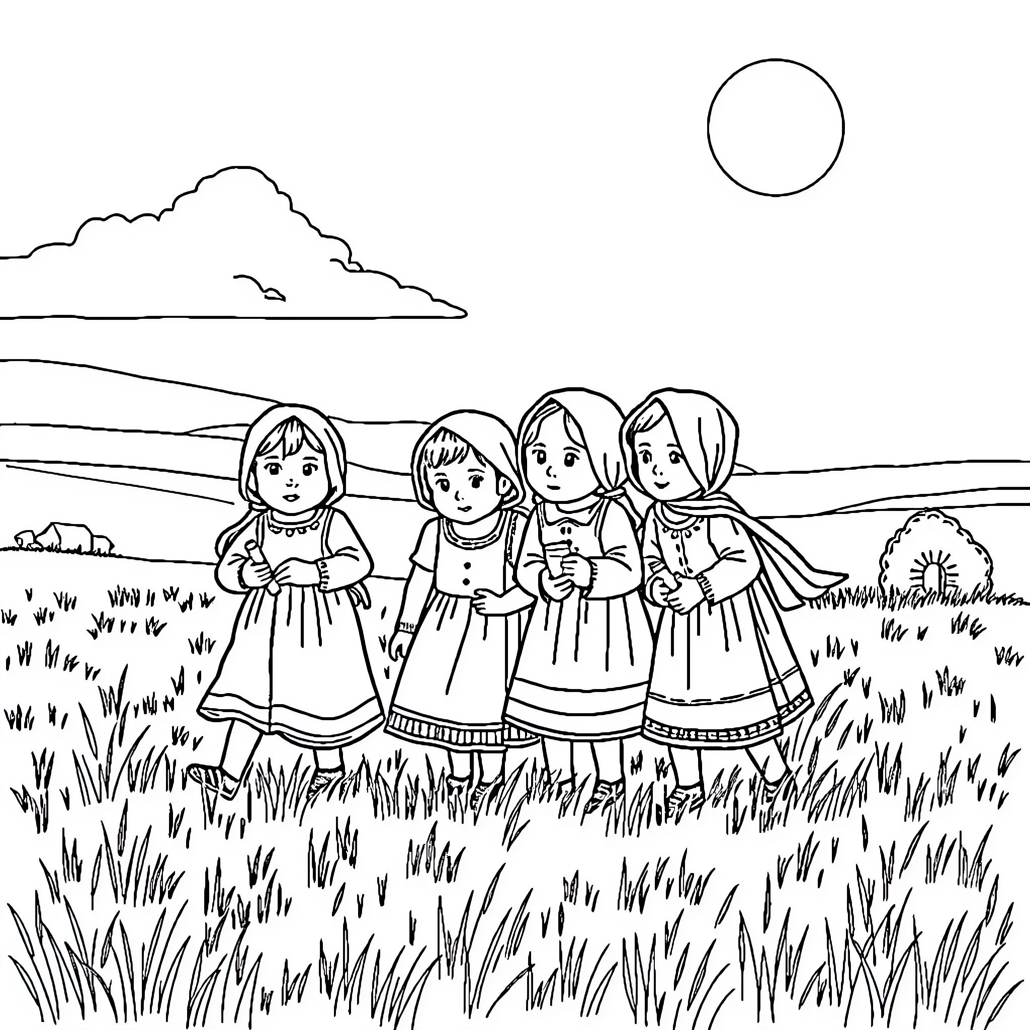 Children playing joyfully in the countryside Coloring Page (free black-and-white line drawing printable PDF for all, from beginners to advanced learners, including children, teens, adults, and seniors)