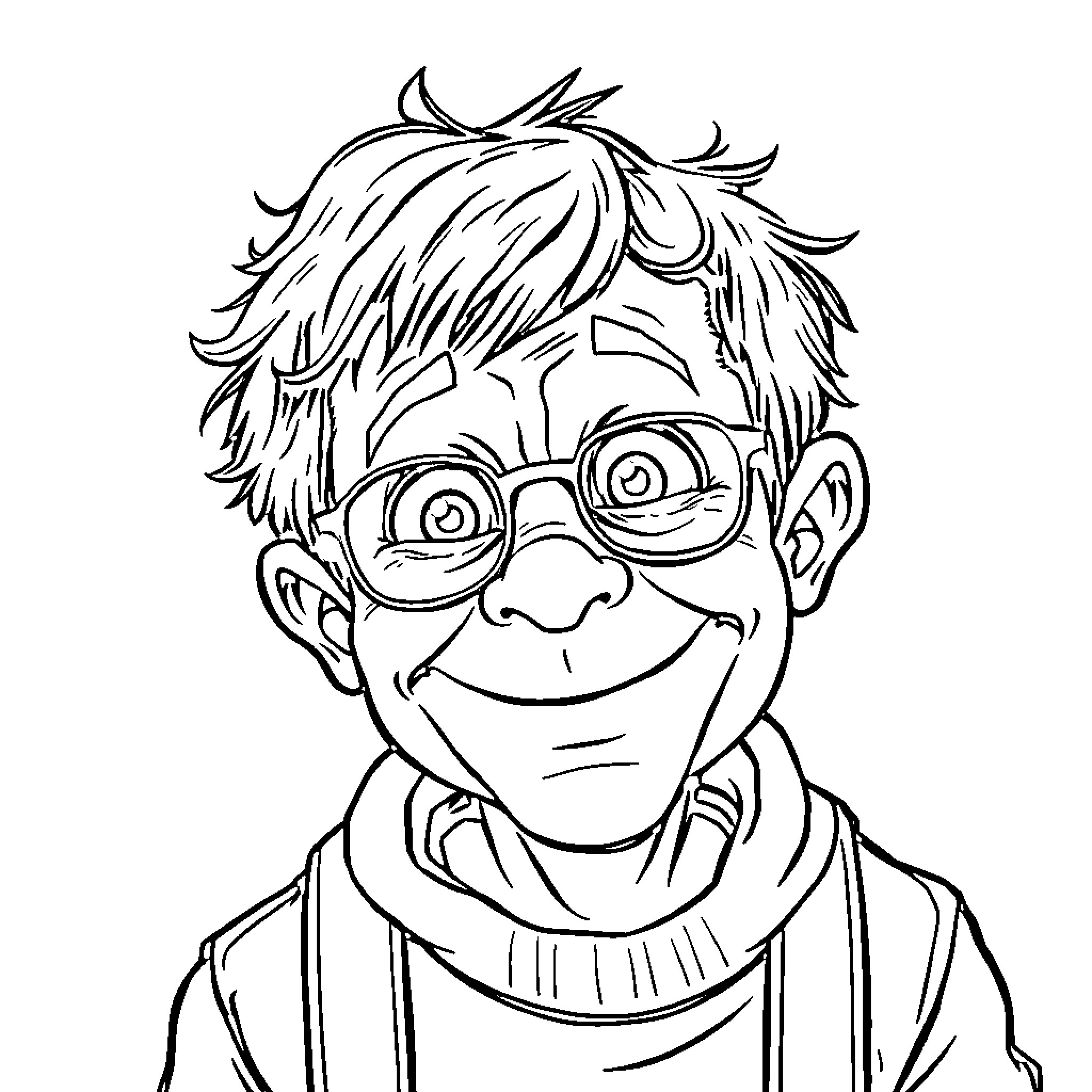 Kid with messy hair and glasses happily smiling Coloring Page (free black-and-white line drawing printable PDF for all, from beginners to advanced learners, including children, teens, adults, and seniors)